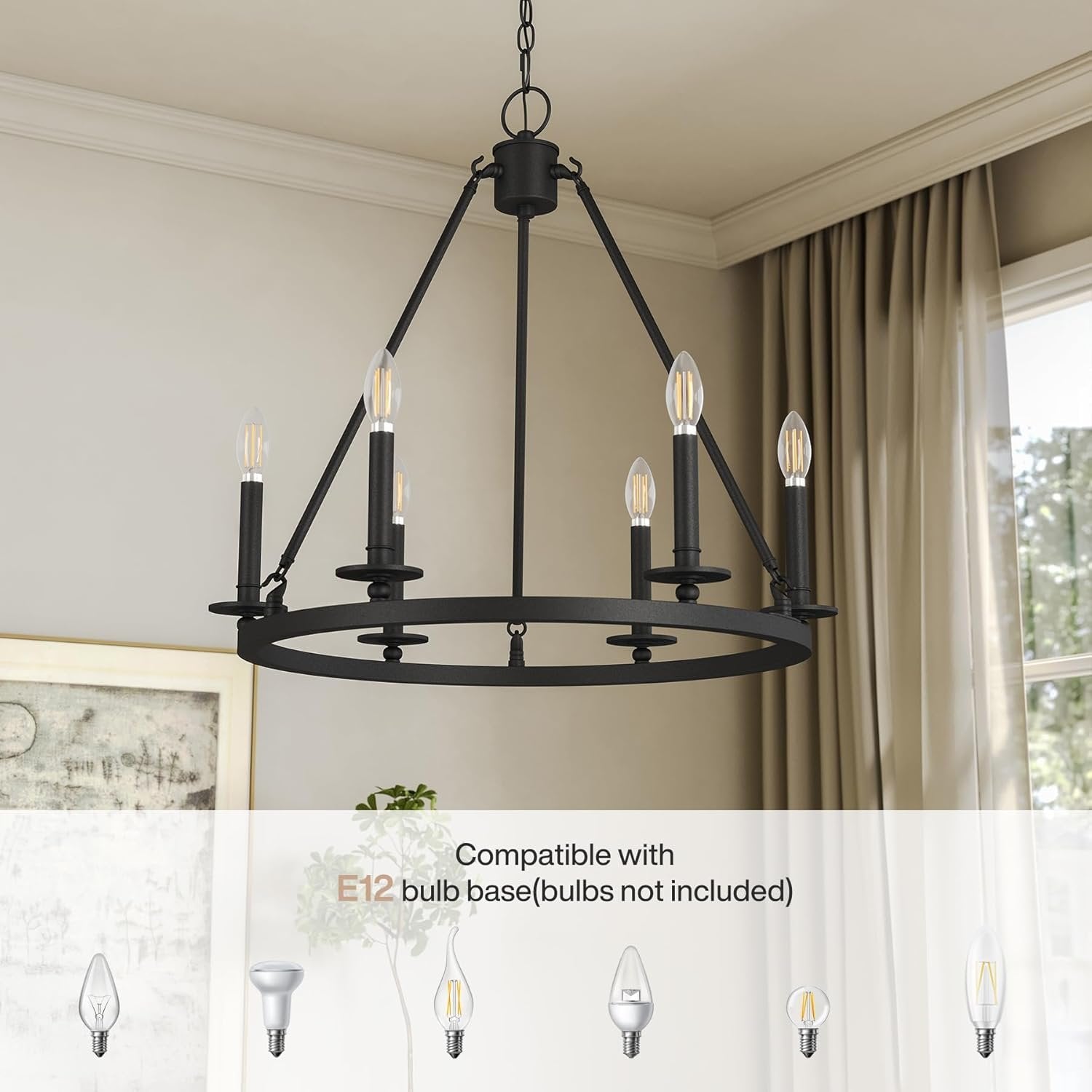 26" Ceiling Light Fixture, 6-Lights Wagon Wheel Chandelier for Farmhouse