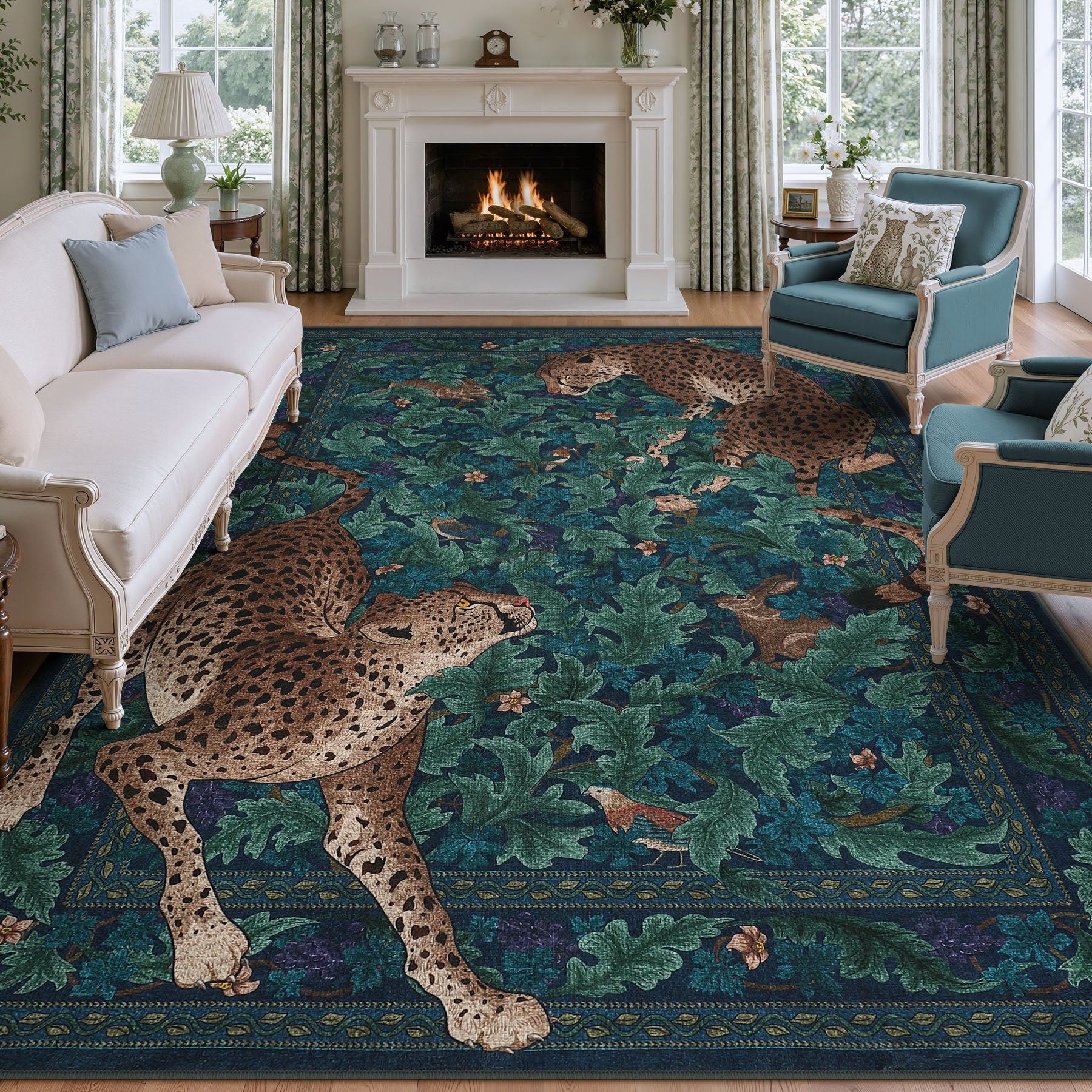 Morris Jungle Leopard Print Rug, Non Slip Washable Area Rug for Living Room, Bedroom