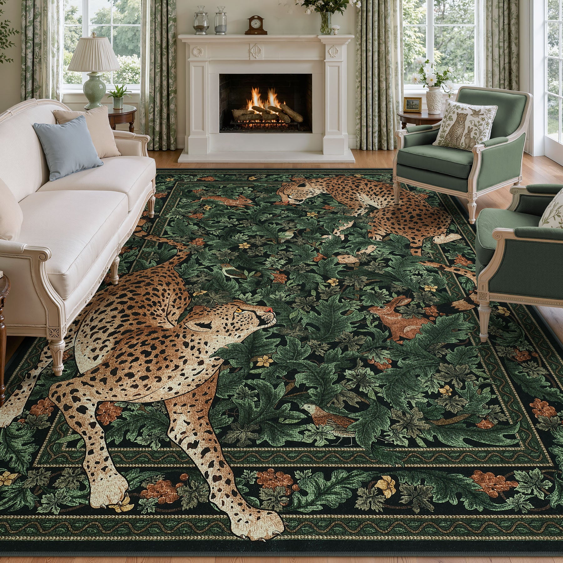 Morris Jungle Leopard Print Rug, Non Slip Washable Area Rug for Living Room, Bedroom