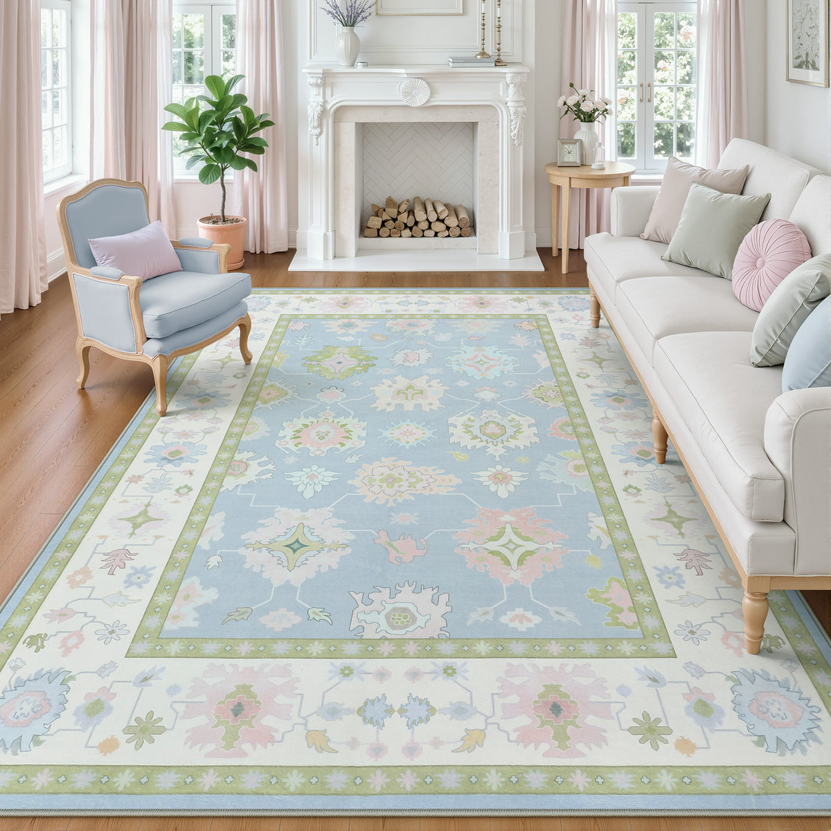 5x7/8x10/9x12 Boho Oushak Area Rug, Floral Washable Non Slip Low Pile Area Rug, Oeko-Tex Certified