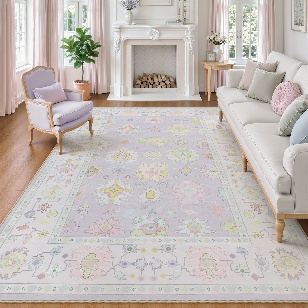 5x7/8x10/9x12 Boho Oushak Area Rug, Floral Washable Non Slip Low Pile Area Rug, Oeko-Tex Certified