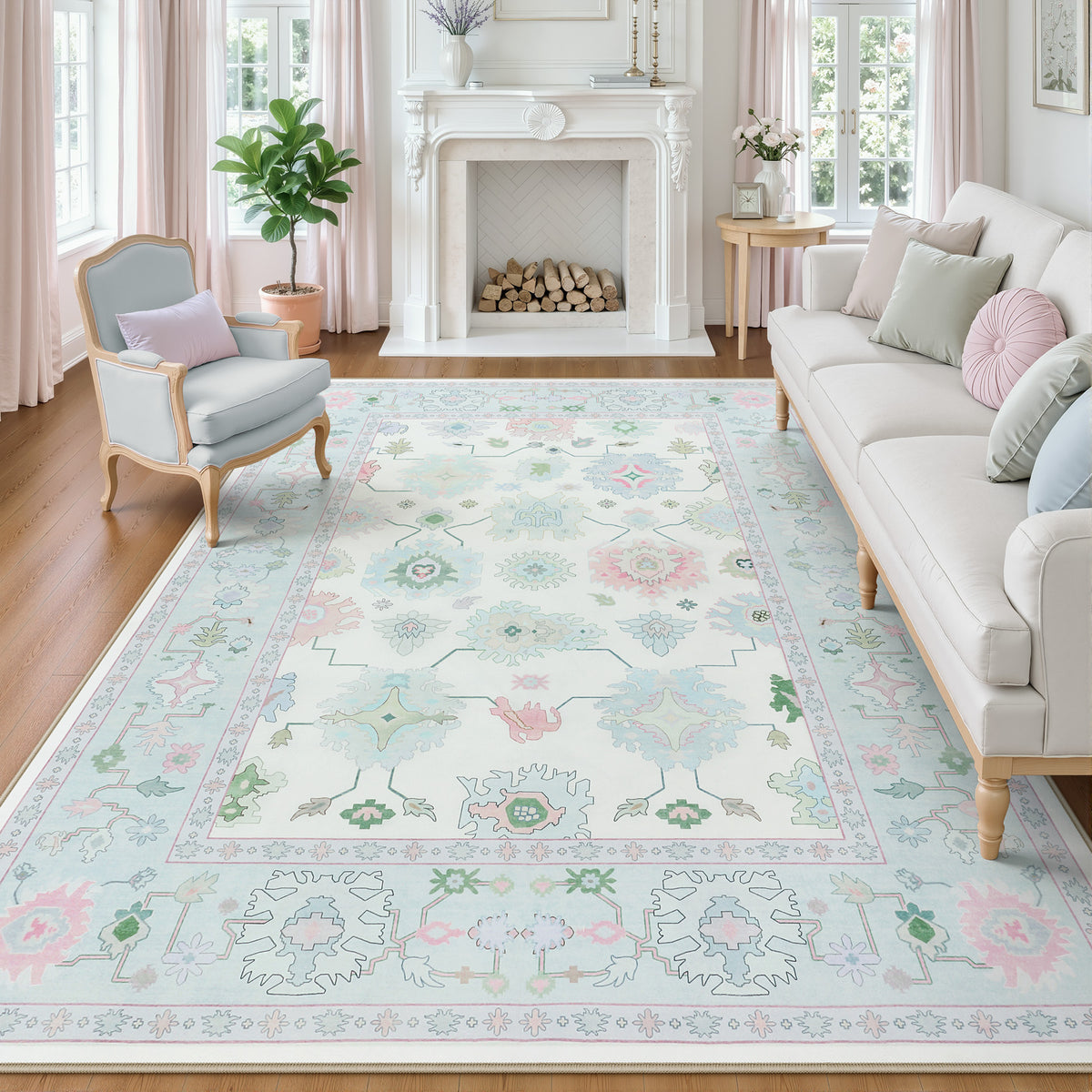 5x7/8x10/9x12 Boho Oushak Area Rug, Floral Washable Non Slip Low Pile Area Rug, Oeko-Tex Certified
