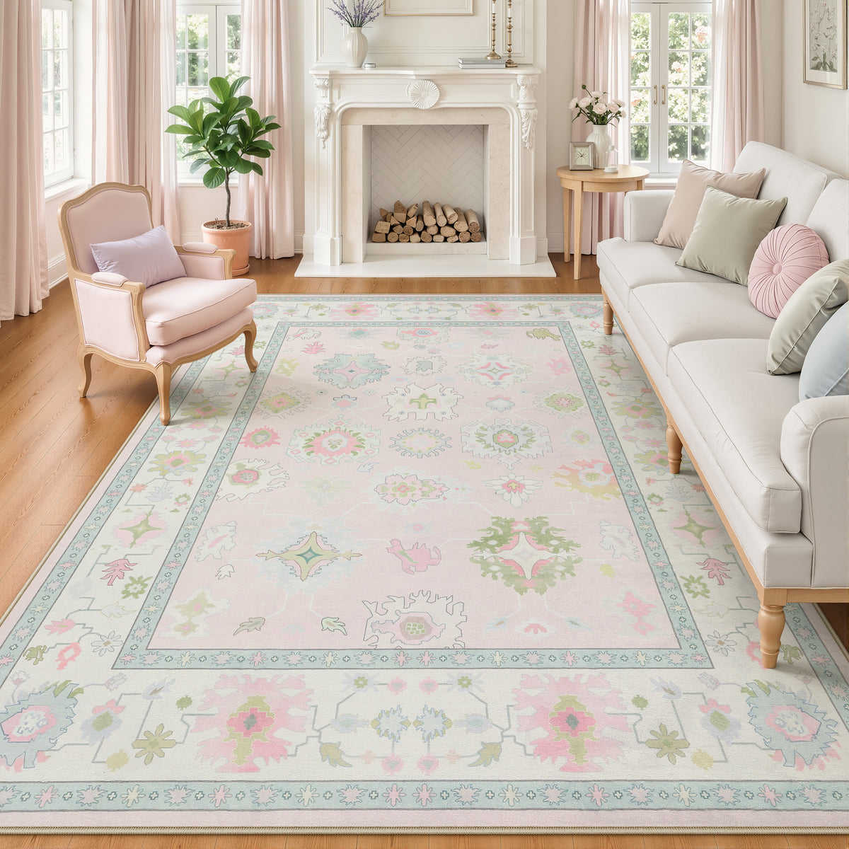 5x7/8x10/9x12 Boho Oushak Area Rug, Floral Washable Non Slip Low Pile Area Rug, Oeko-Tex Certified