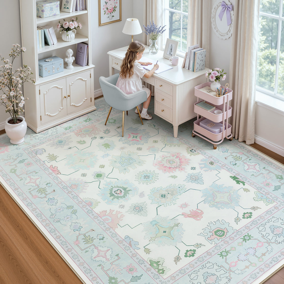 5x7/8x10/9x12 Boho Oushak Area Rug, Floral Washable Non Slip Low Pile Area Rug, Oeko-Tex Certified