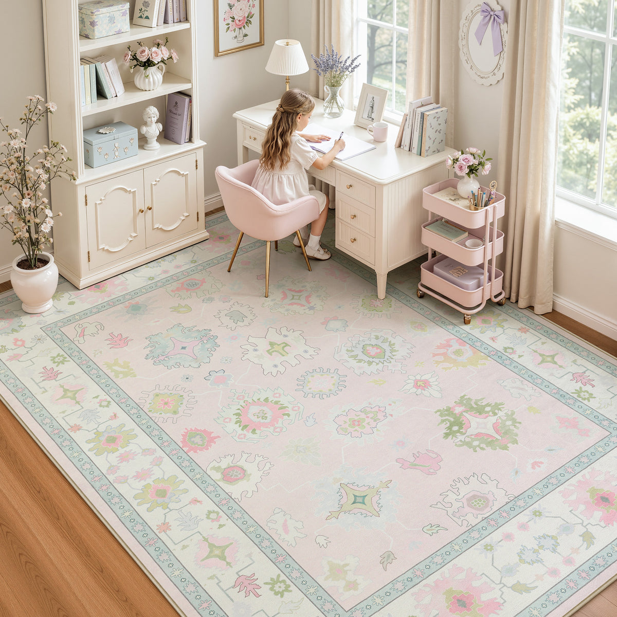 5x7/8x10/9x12 Boho Oushak Area Rug, Floral Washable Non Slip Low Pile Area Rug, Oeko-Tex Certified