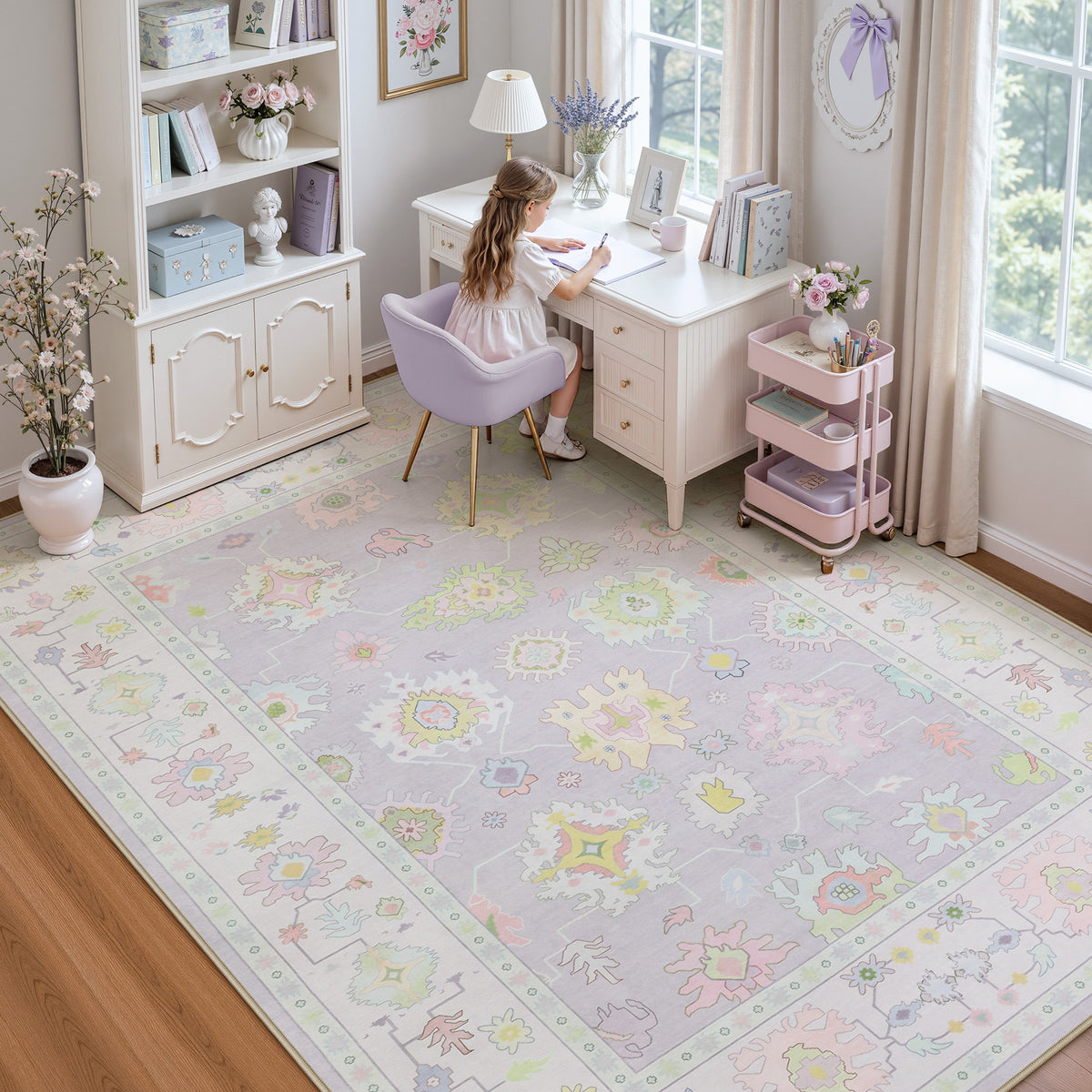 5x7/8x10/9x12 Boho Oushak Area Rug, Floral Washable Non Slip Low Pile Area Rug, Oeko-Tex Certified