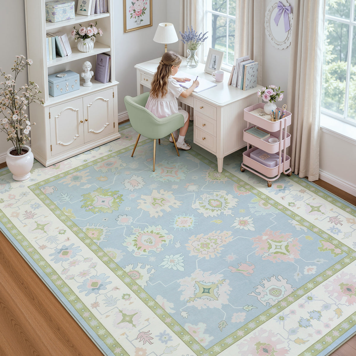 5x7/8x10/9x12 Boho Oushak Area Rug, Floral Washable Non Slip Low Pile Area Rug, Oeko-Tex Certified