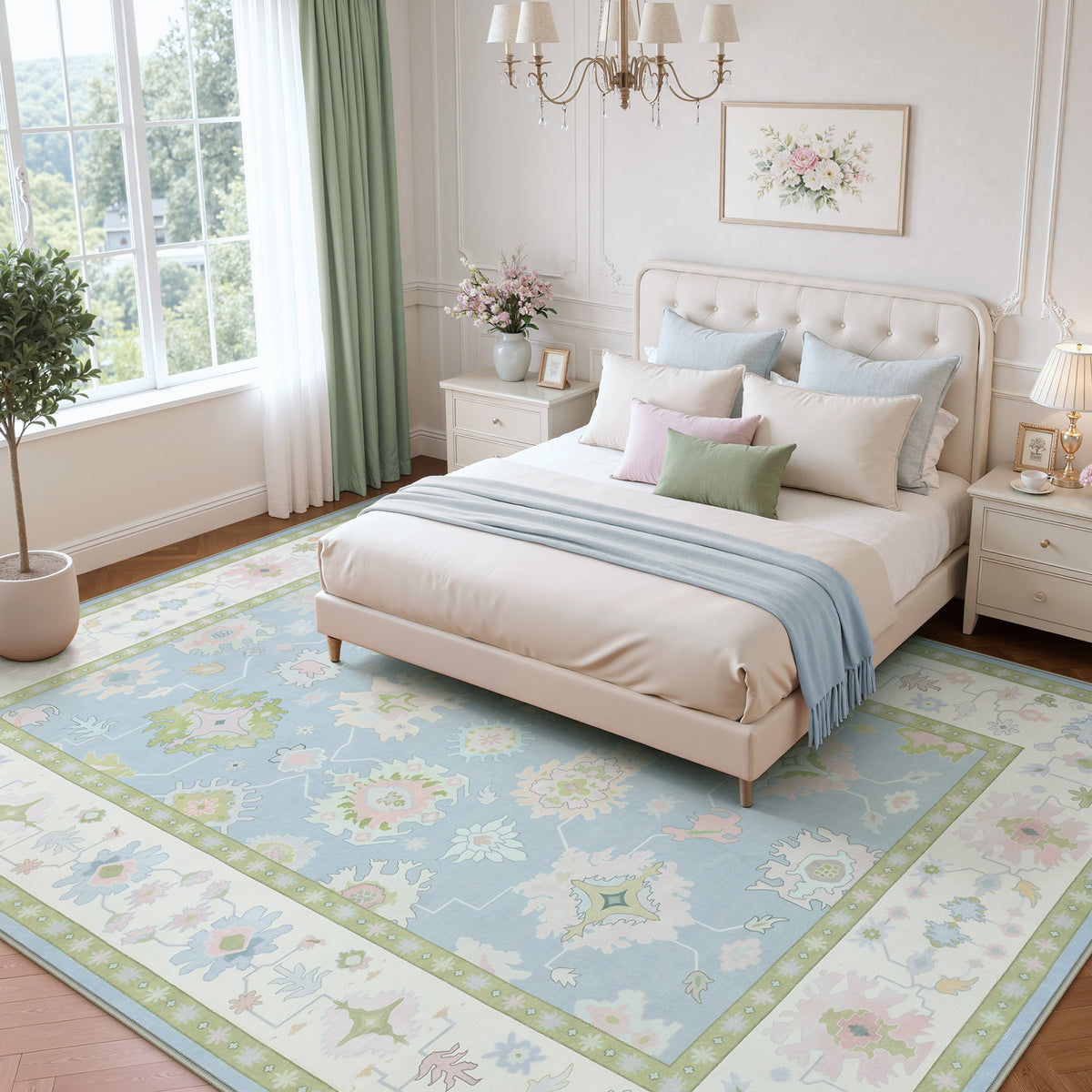 5x7/8x10/9x12 Boho Oushak Area Rug, Floral Washable Non Slip Low Pile Area Rug, Oeko-Tex Certified