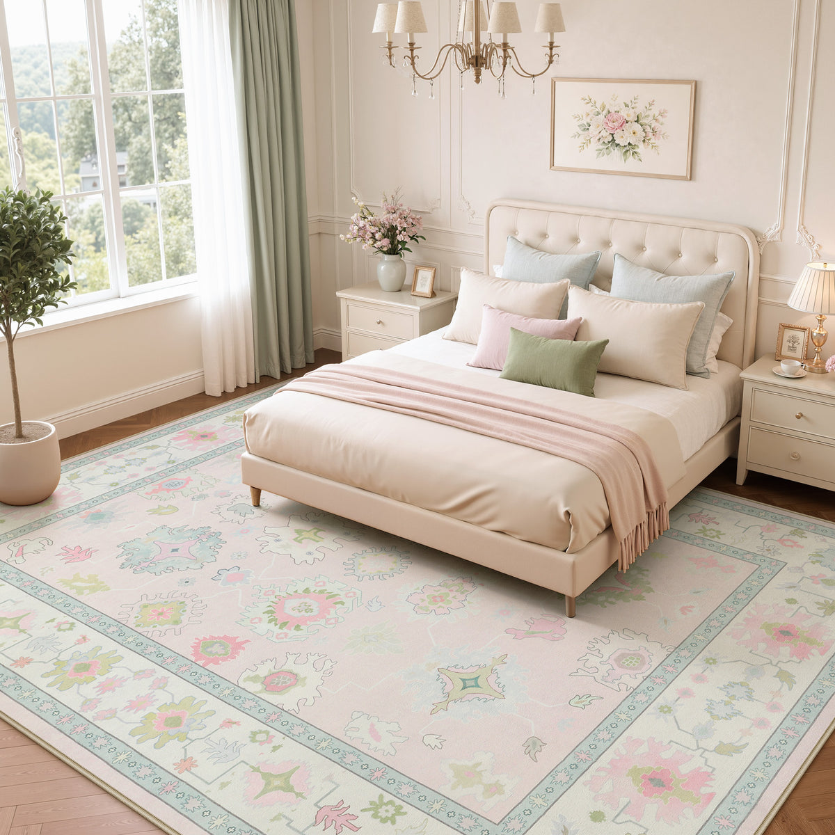 5x7/8x10/9x12 Boho Oushak Area Rug, Floral Washable Non Slip Low Pile Area Rug, Oeko-Tex Certified