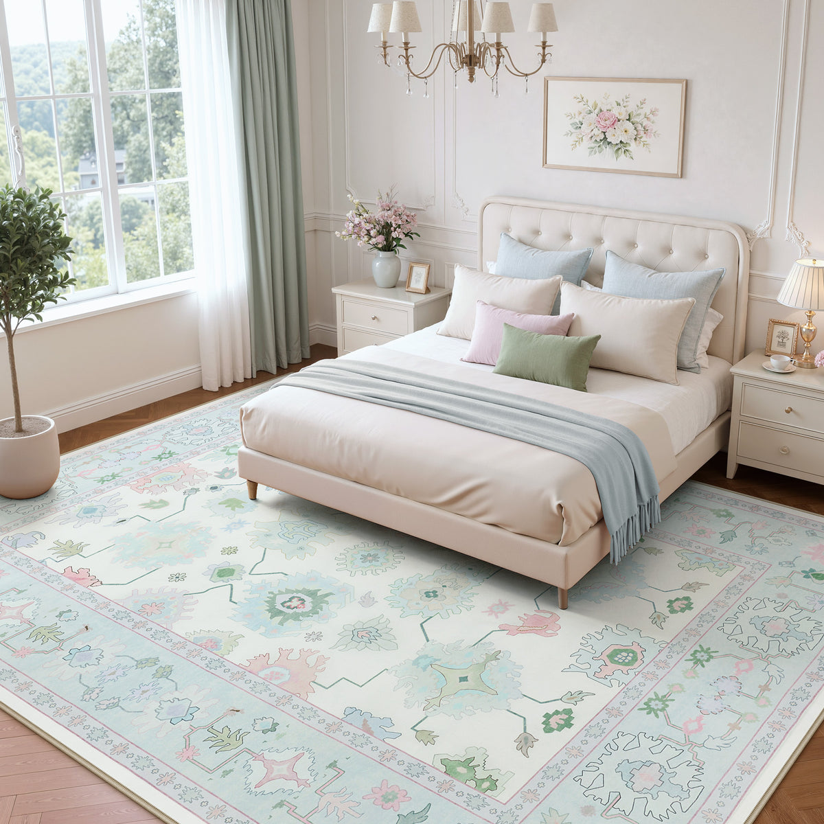 5x7/8x10/9x12 Boho Oushak Area Rug, Floral Washable Non Slip Low Pile Area Rug, Oeko-Tex Certified