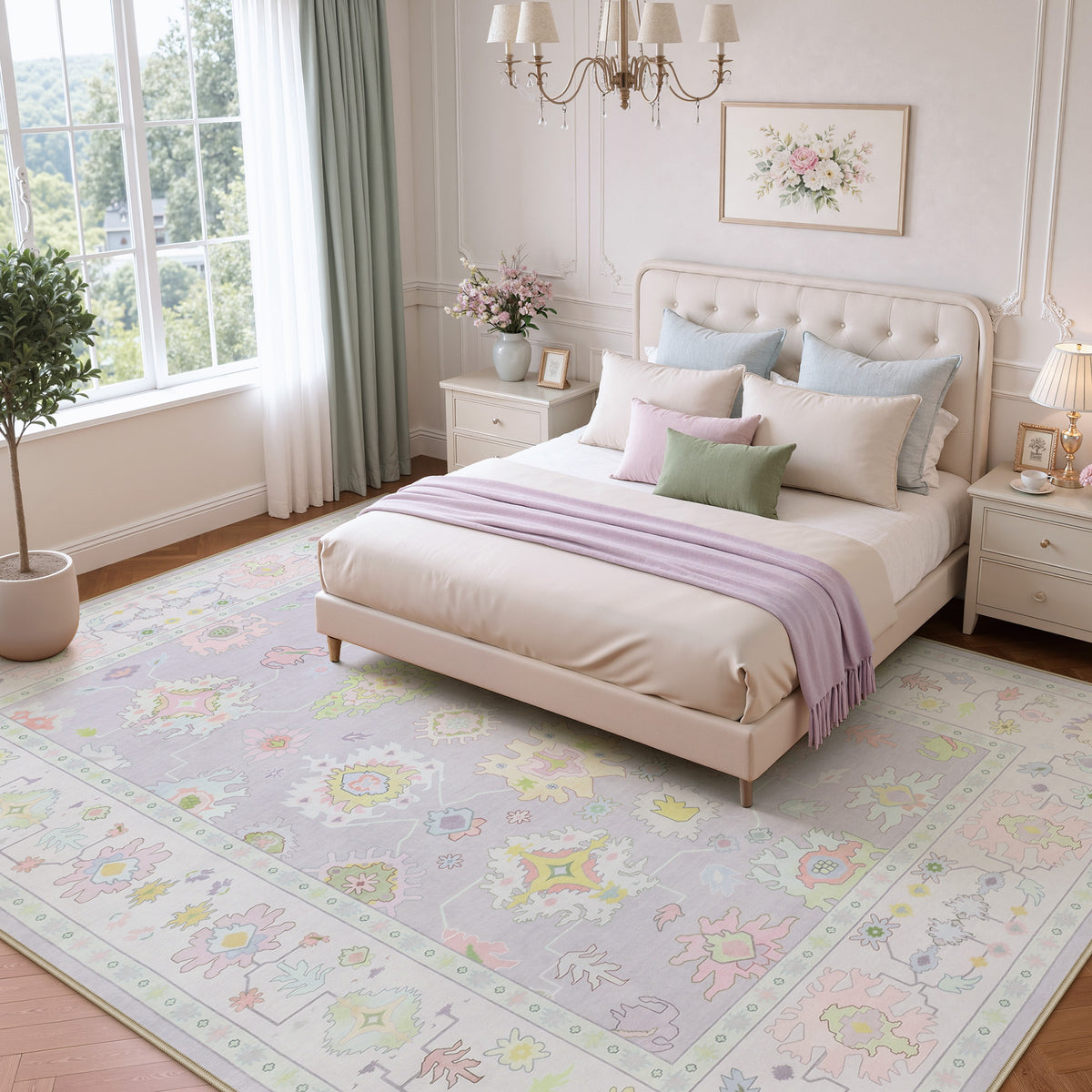 5x7/8x10/9x12 Boho Oushak Area Rug, Floral Washable Non Slip Low Pile Area Rug, Oeko-Tex Certified