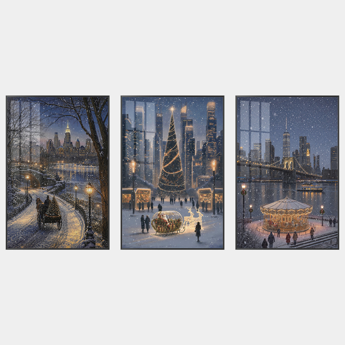 36x24 3-Piece New York Christmas Wall Art Triptych, Snowy Cityscape, Crystal Porcelain Framed