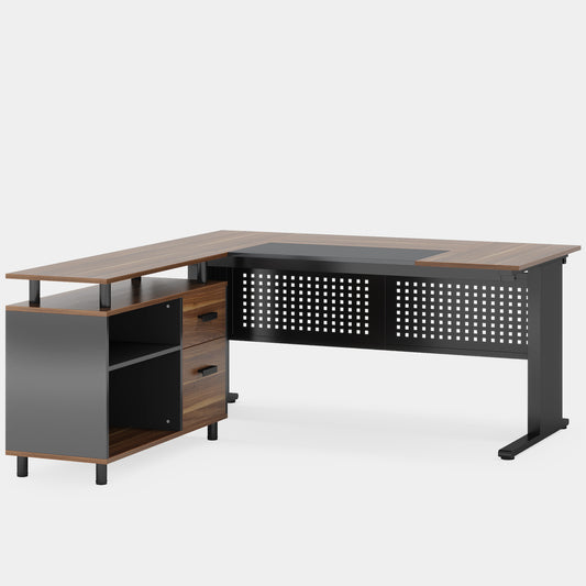 Industrial L-Shaped Desk, 63" Computer Executive Desk with File Cabinet