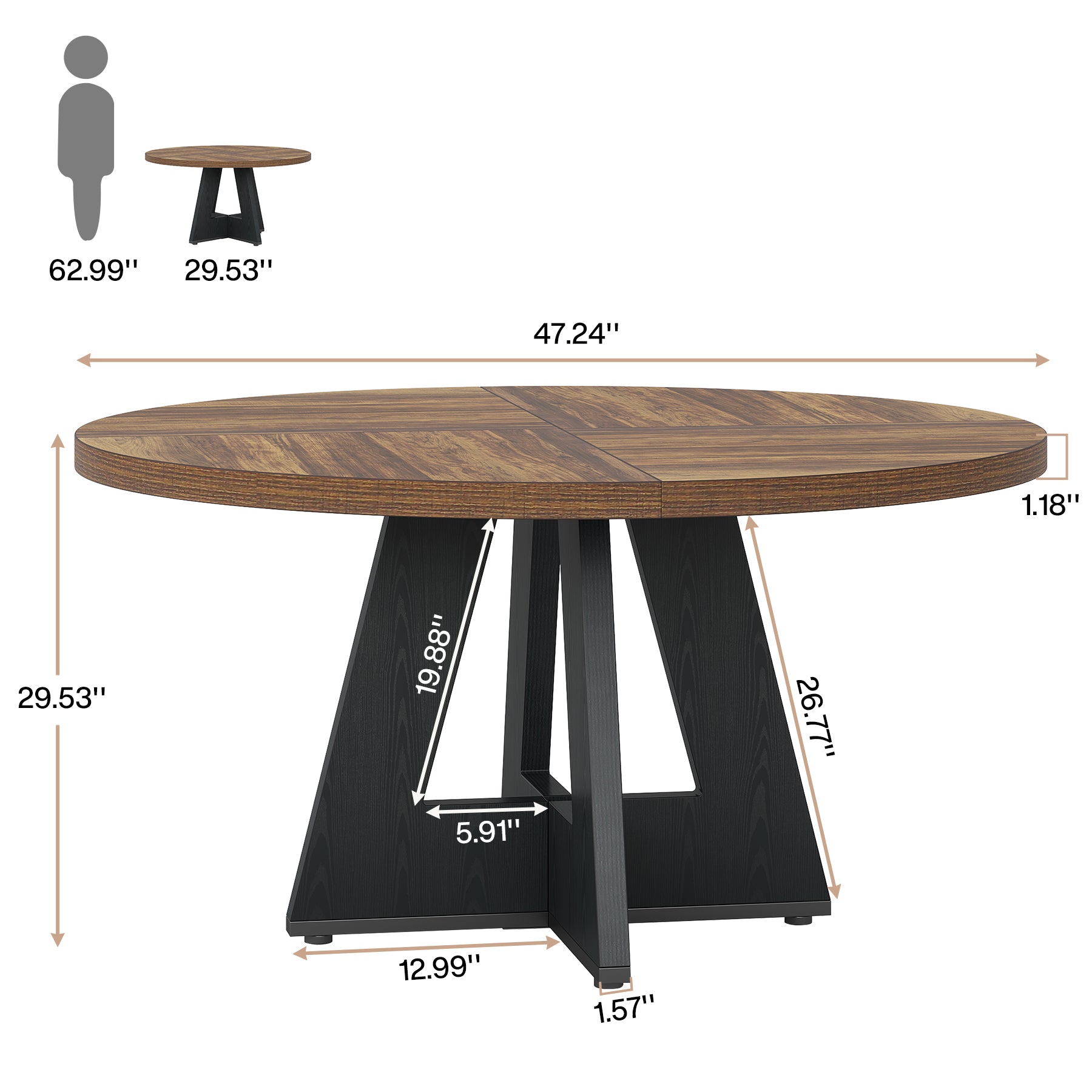 47-Inch Round Farmhouse Dining Table for 4–6 with Cross-Style Pedestal Base