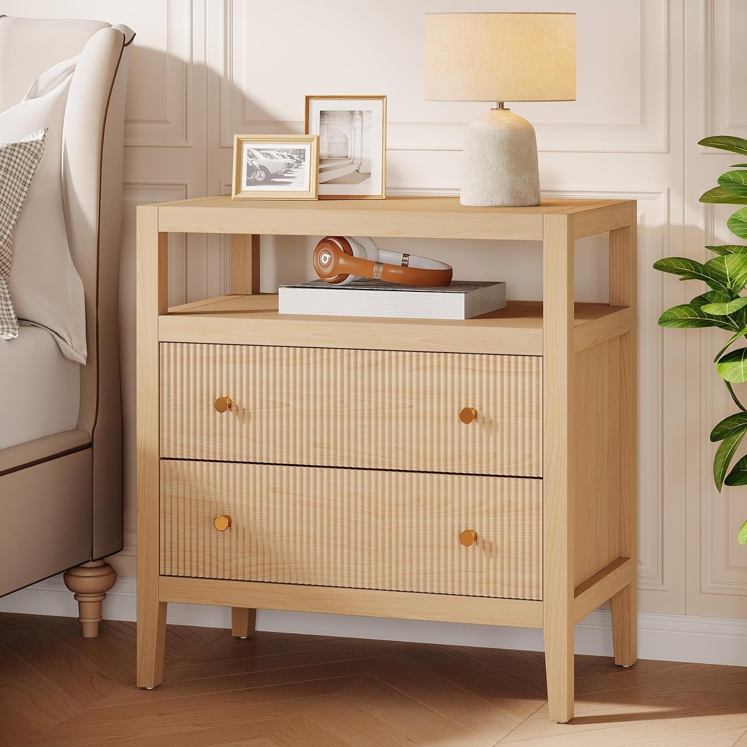 29.5" Farmhouse Nightstand, 2-Drawer Wide Bedside Table with Open Storage Shelf