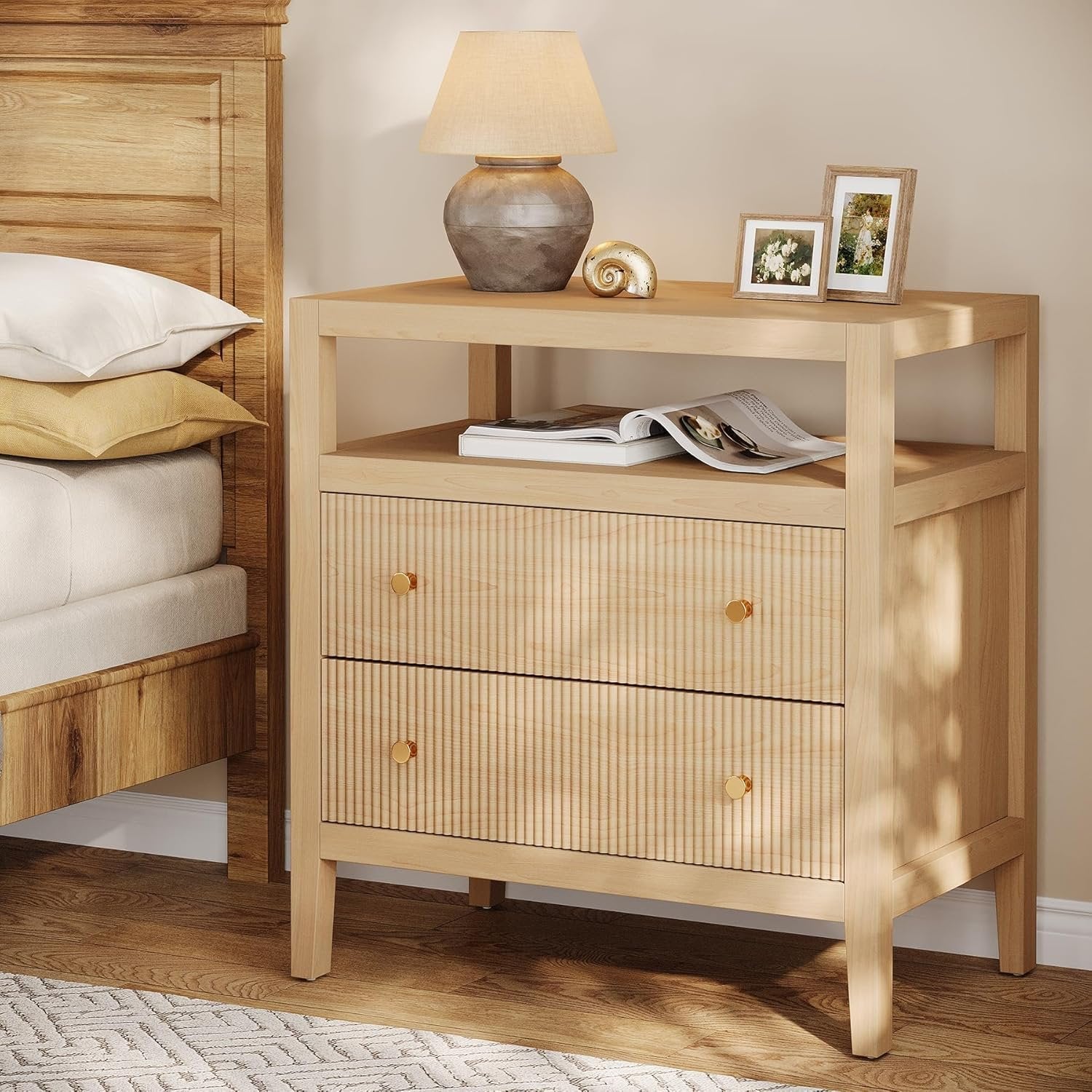 29.5" Farmhouse Nightstand, 2-Drawer Wide Bedside Table with Open Storage Shelf