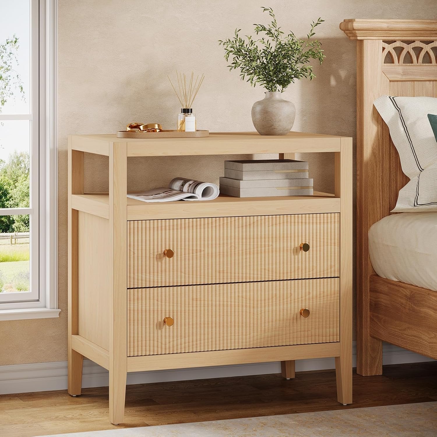 29.5" Farmhouse Nightstand, 2-Drawer Wide Bedside Table with Open Storage Shelf