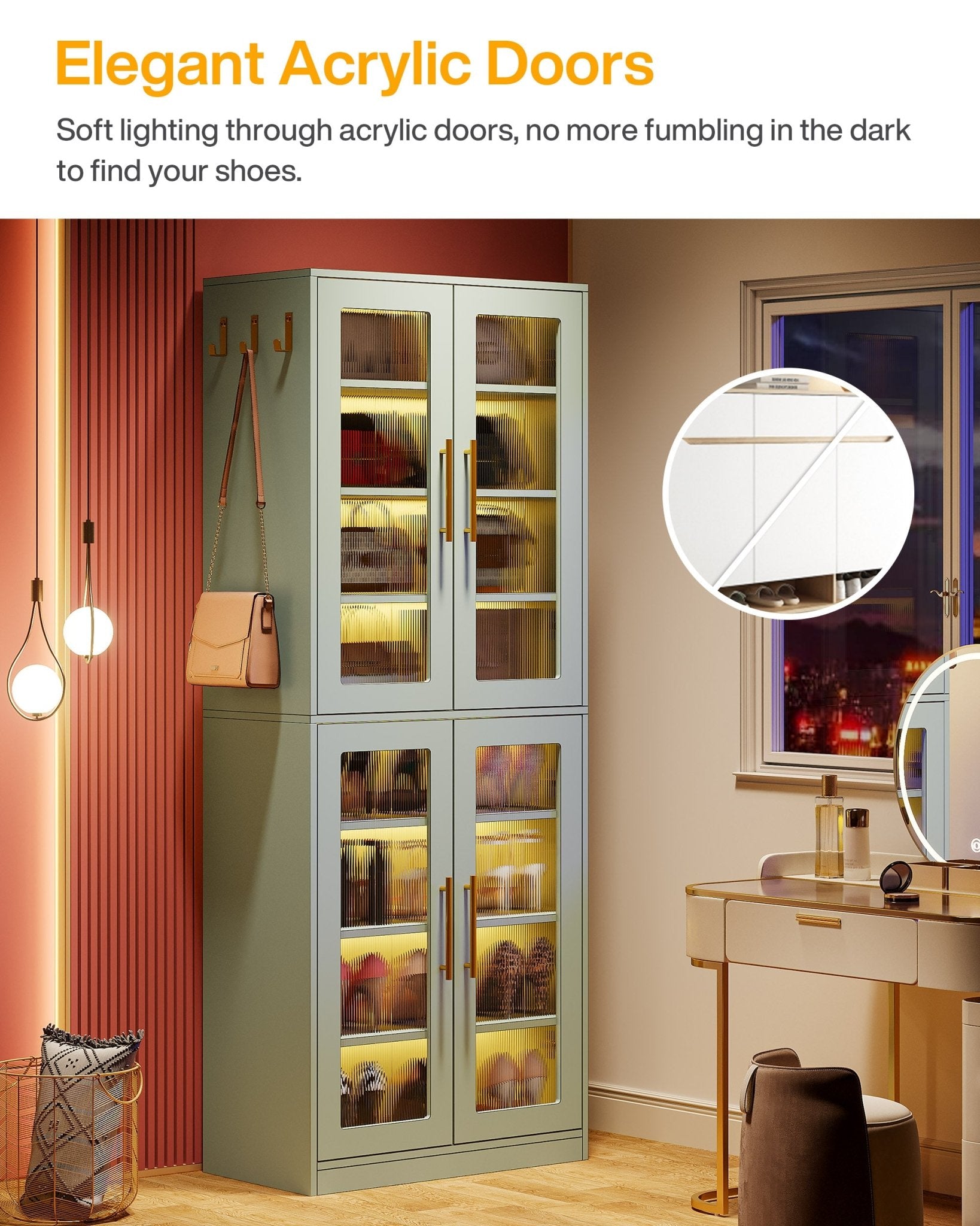 66.9" Tall Shoe Storage Cabinet, 8-Tier Entryway Shoe Organizer Rack with Acrylic Doors and LED Lights