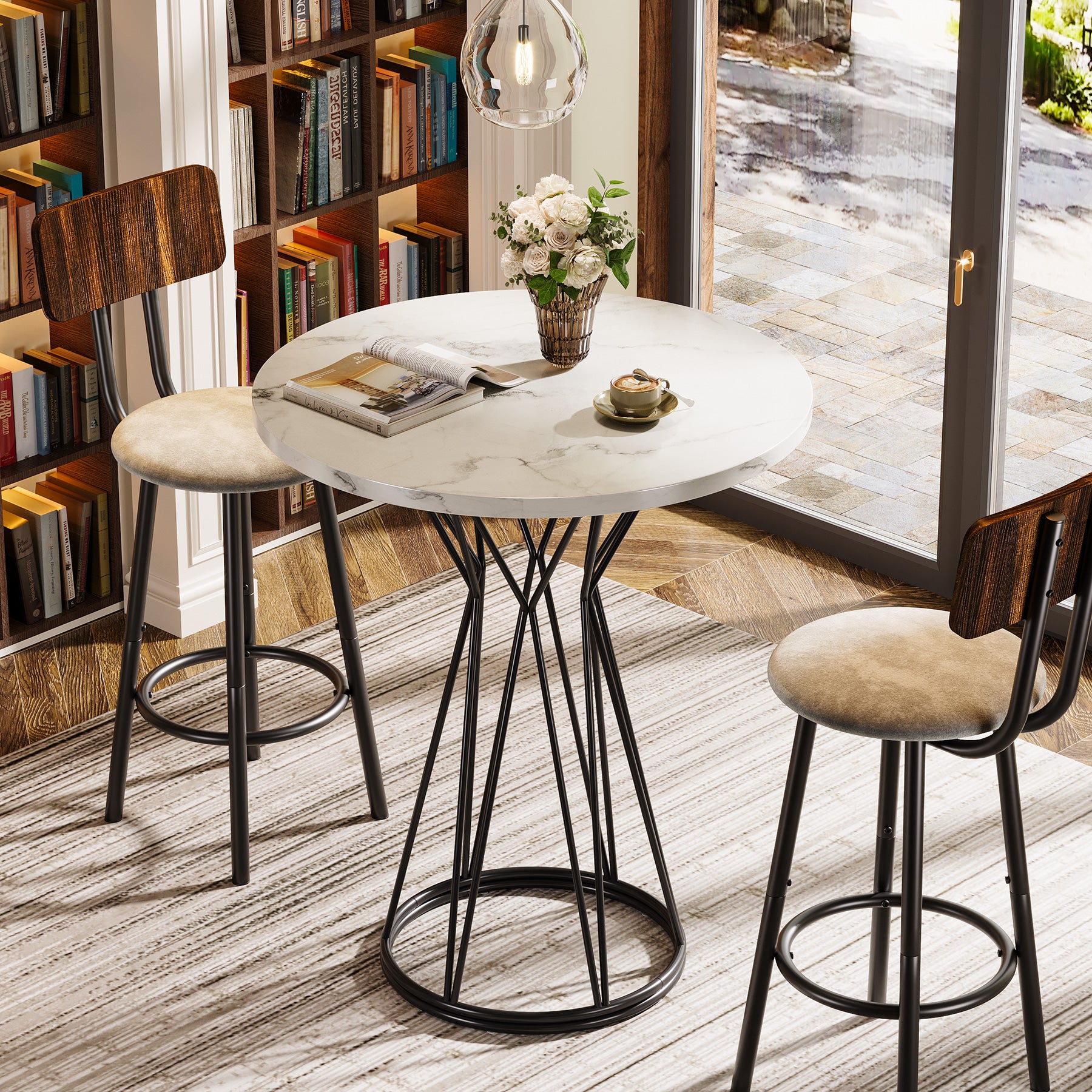 Tribesigns 35.4-Inch Round Bar Table, Faux Marble Bistro Table with Metal Base