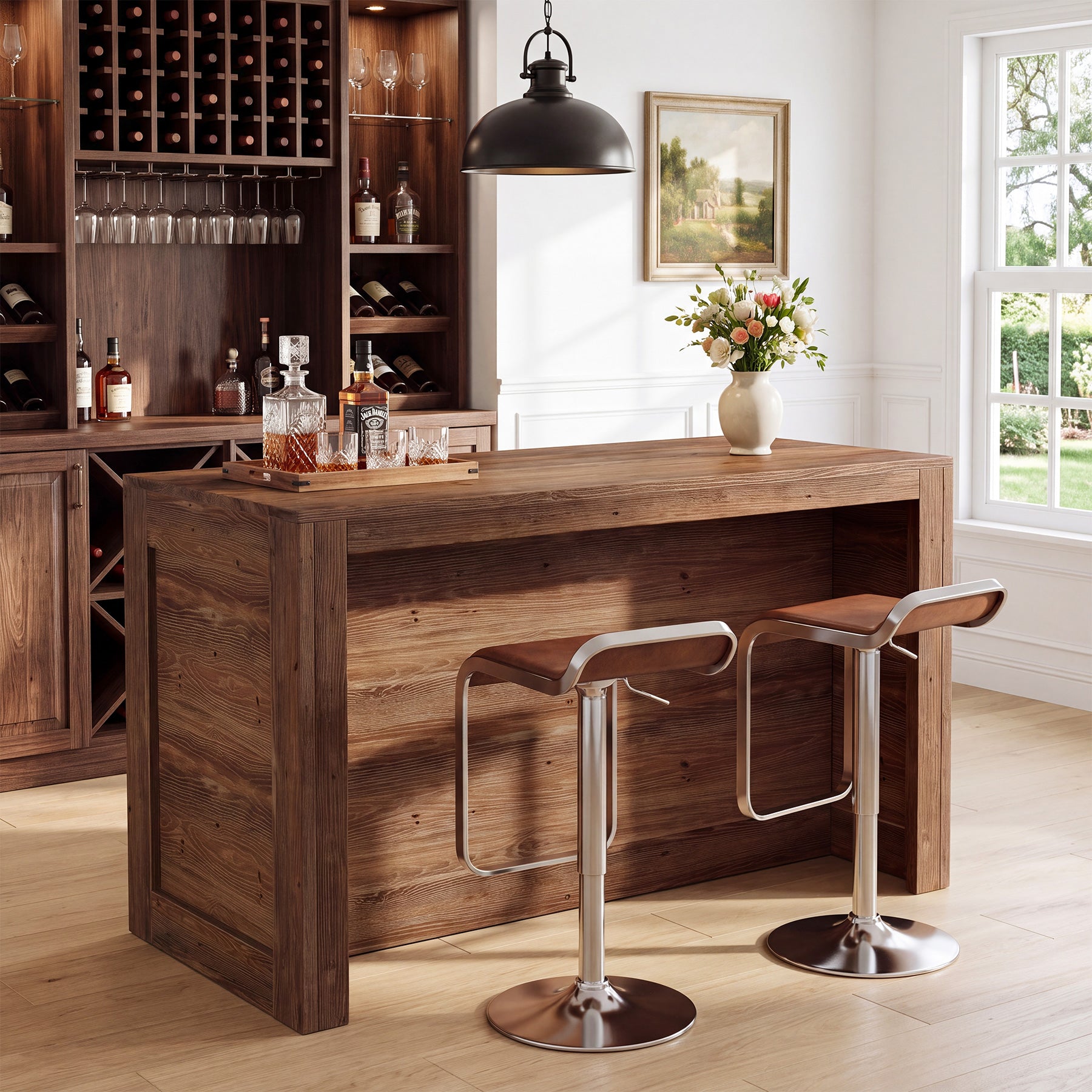 55" Solid Wood Home Bar Table, Farmhouse Counter Height Pub Table with 2-Tier Storage