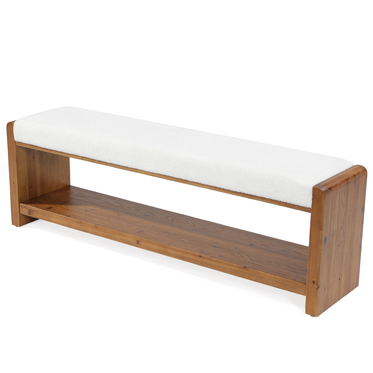 63" Solid Wood Bench with Cushion, 2-Tier Upholstered Entryway Bench for Living Room