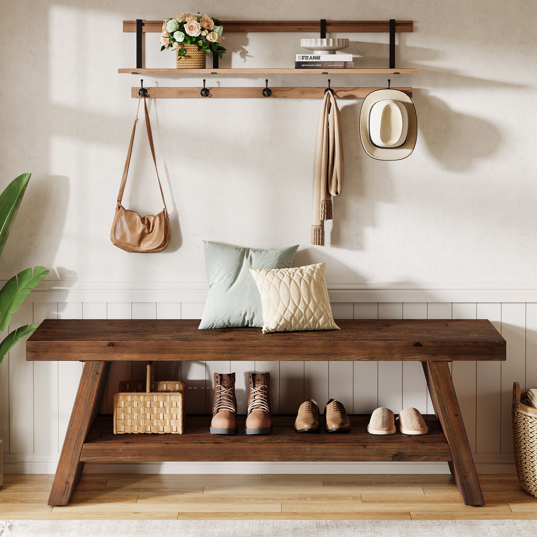 2-Tier Solid Wood Entryway Bench with Open Storage, Wooden Shoe Bench for Hallway & Foyer