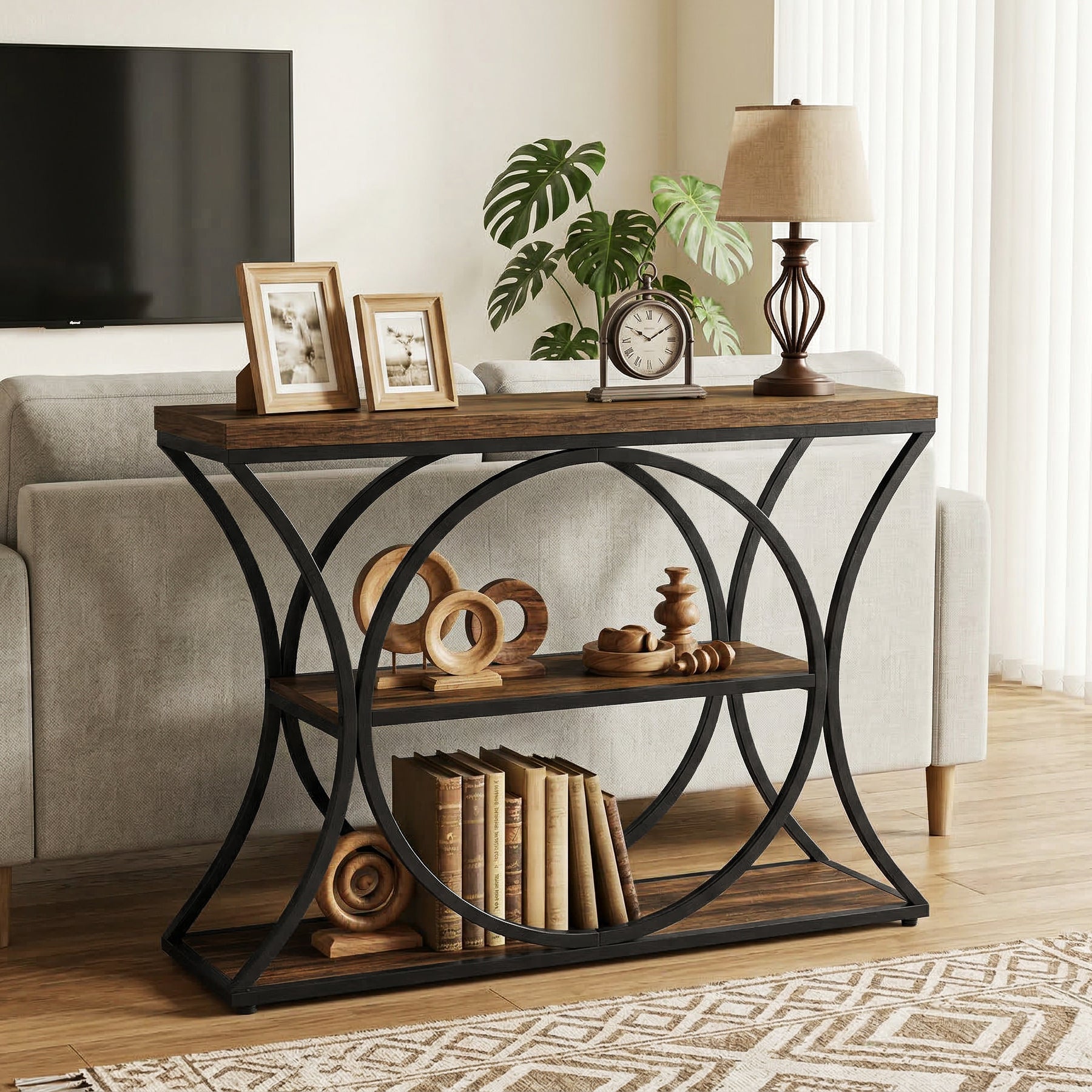 41.3" Industrial Console Table with 3-Tier Storage, Narrow Entryway Sofa Table with Arched Metal Frame