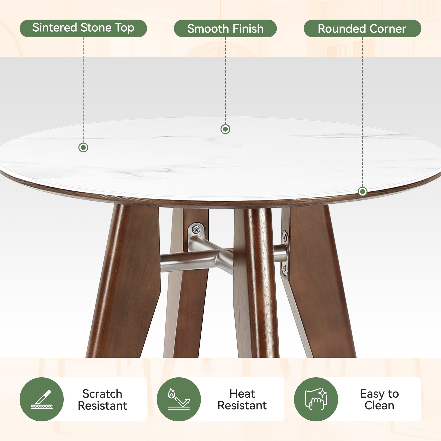 31.5" Round Dining Table, Modern Sintered Stone Kitchen Dinner Table