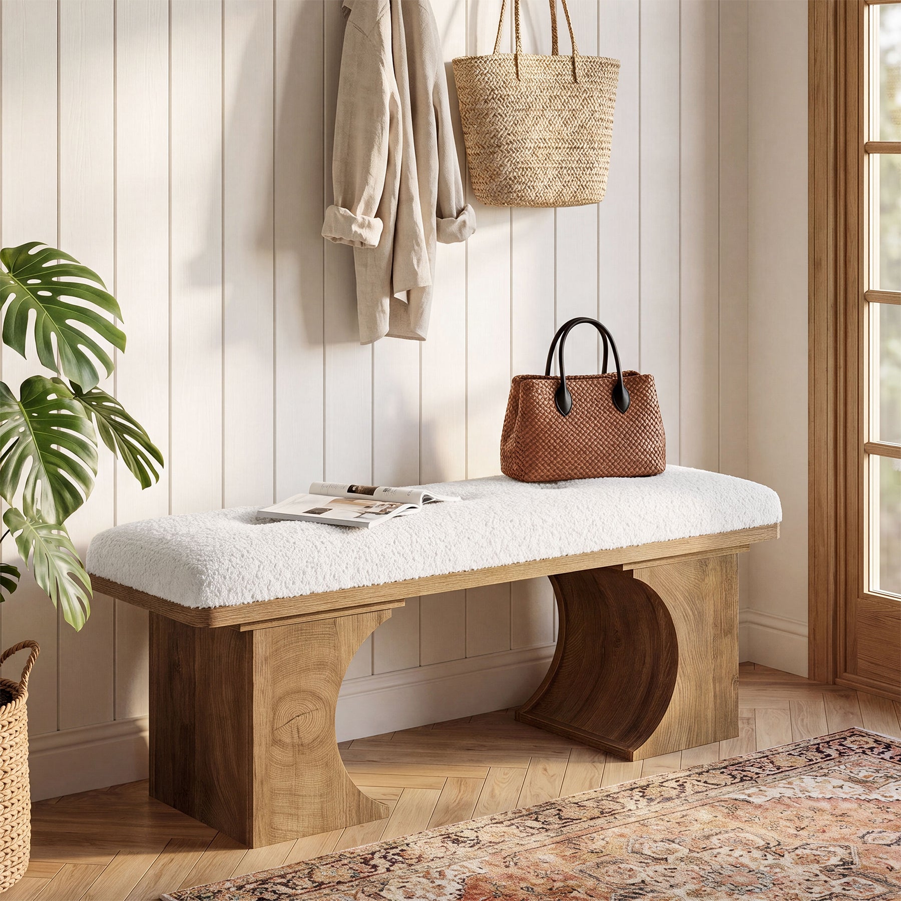 Tribesigns 47.24-Inch Upholstered Entryway Bench with Soft Cushion and Curved Wooden Legs, Modern Rustic Shoe Bench for Hallway and Living Room
