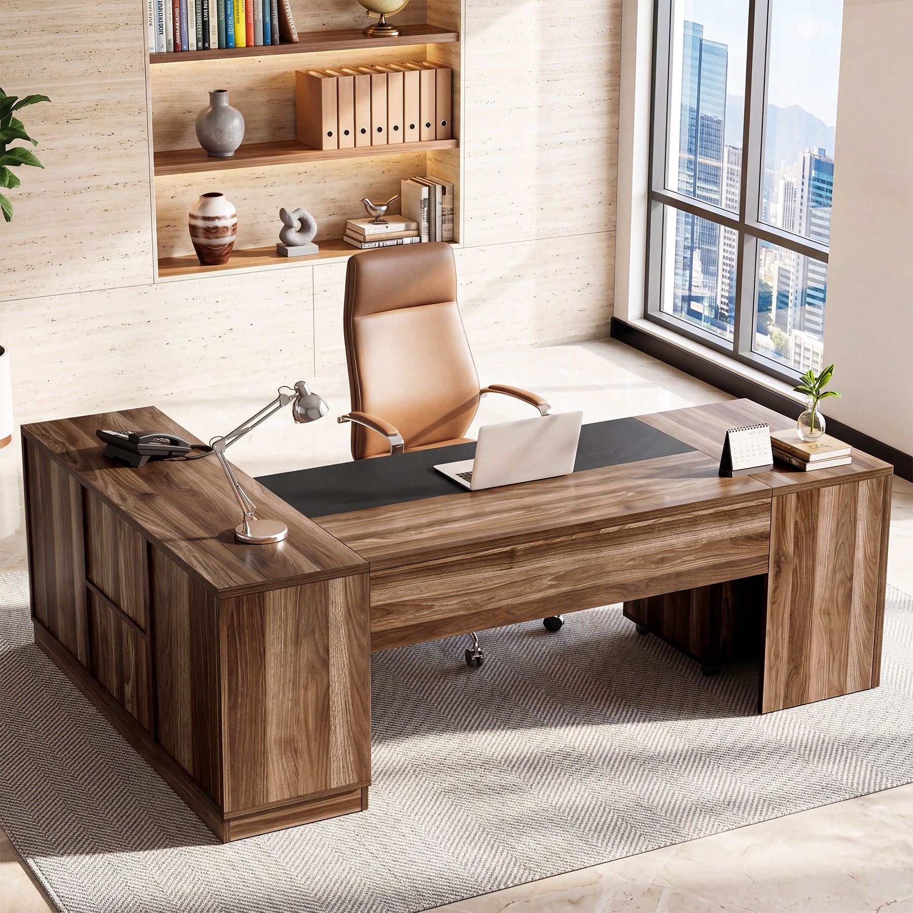78.7" L-Shaped Executive Desk, Large Office Desk with Mobile Filing Cabinet