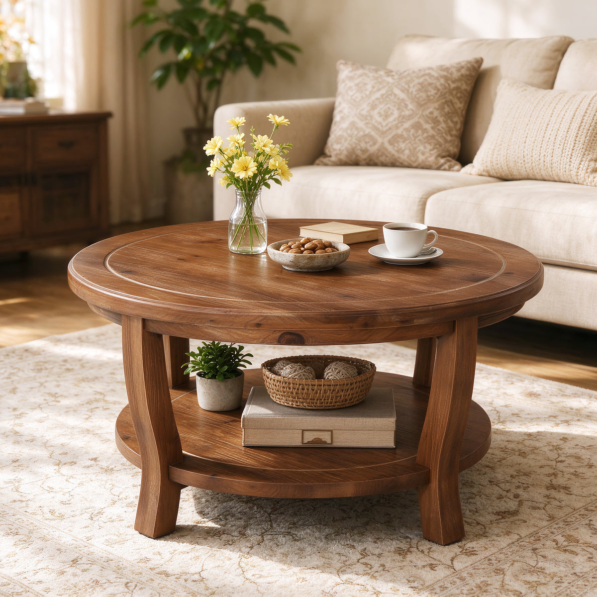 31.5" Round Solid Wood Coffee Table, 2-Tier Farmhouse Center Table with Curved Legs