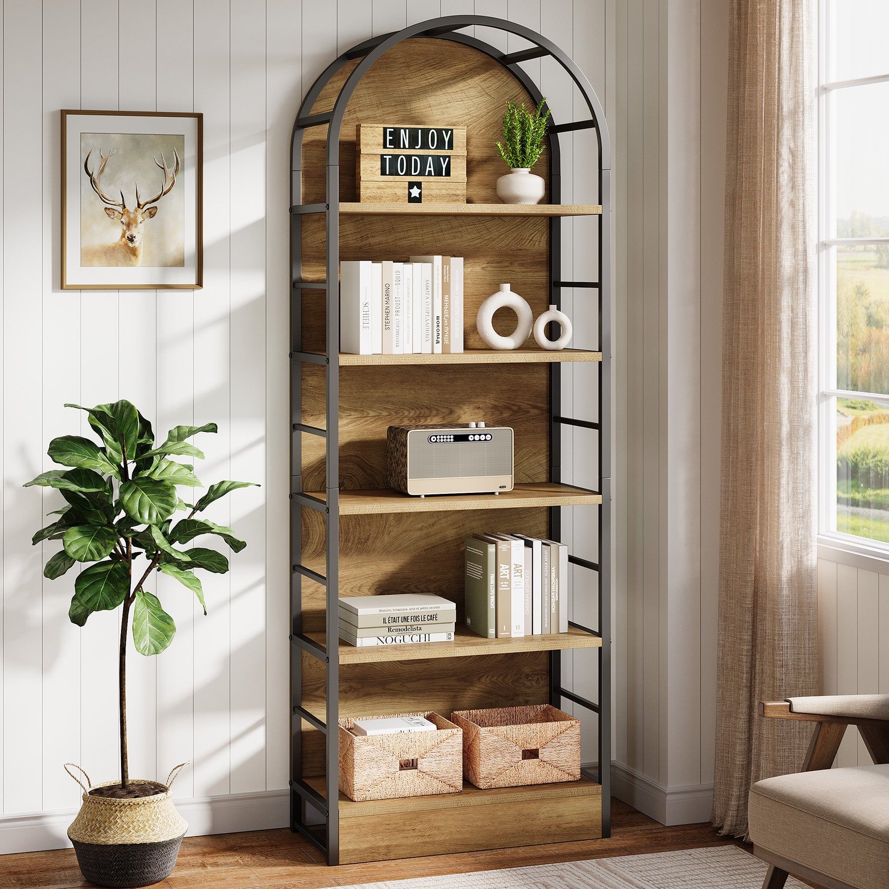 5 Tier Arched Bookcase, 70.8" Industrial Bookshelves for Living Room