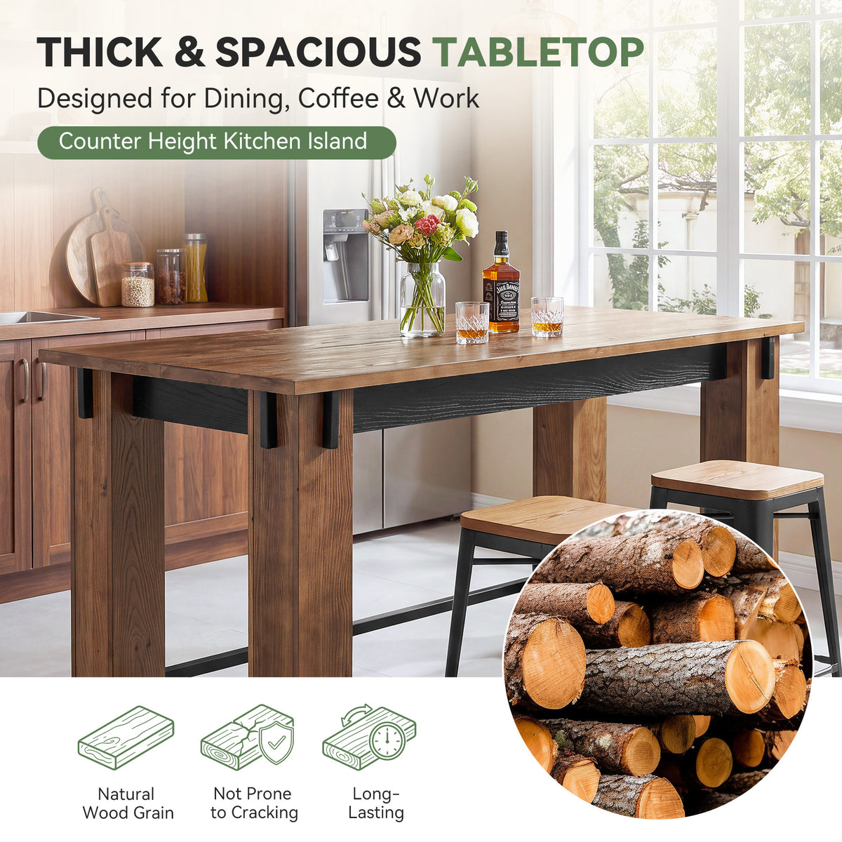 63" Farmhouse Industrial Kitchen Island with Footrest, Counter Height Solid Wood