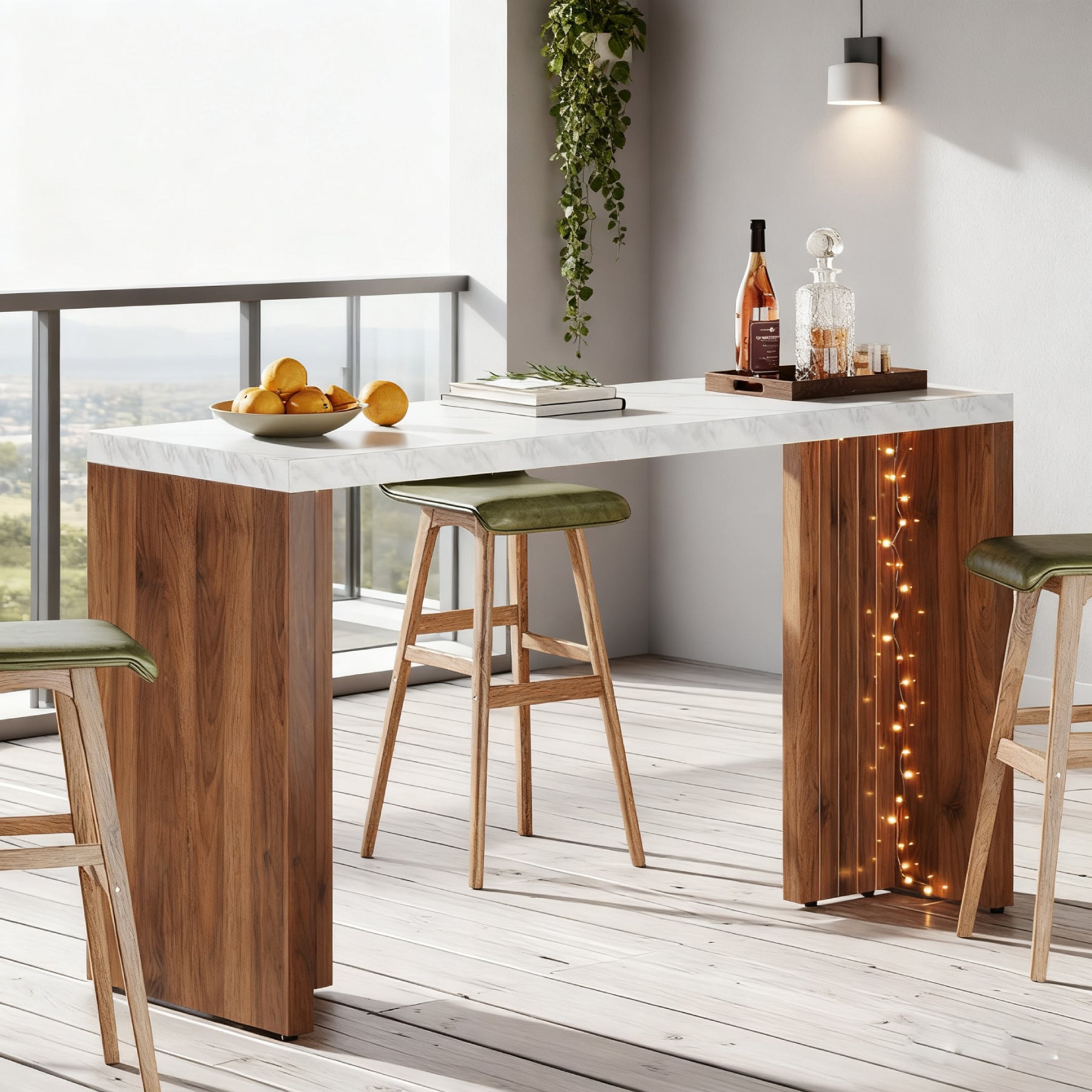 55" Counter Height Bar Unit with Faux Marble Top, Rectangular Home Pub Table