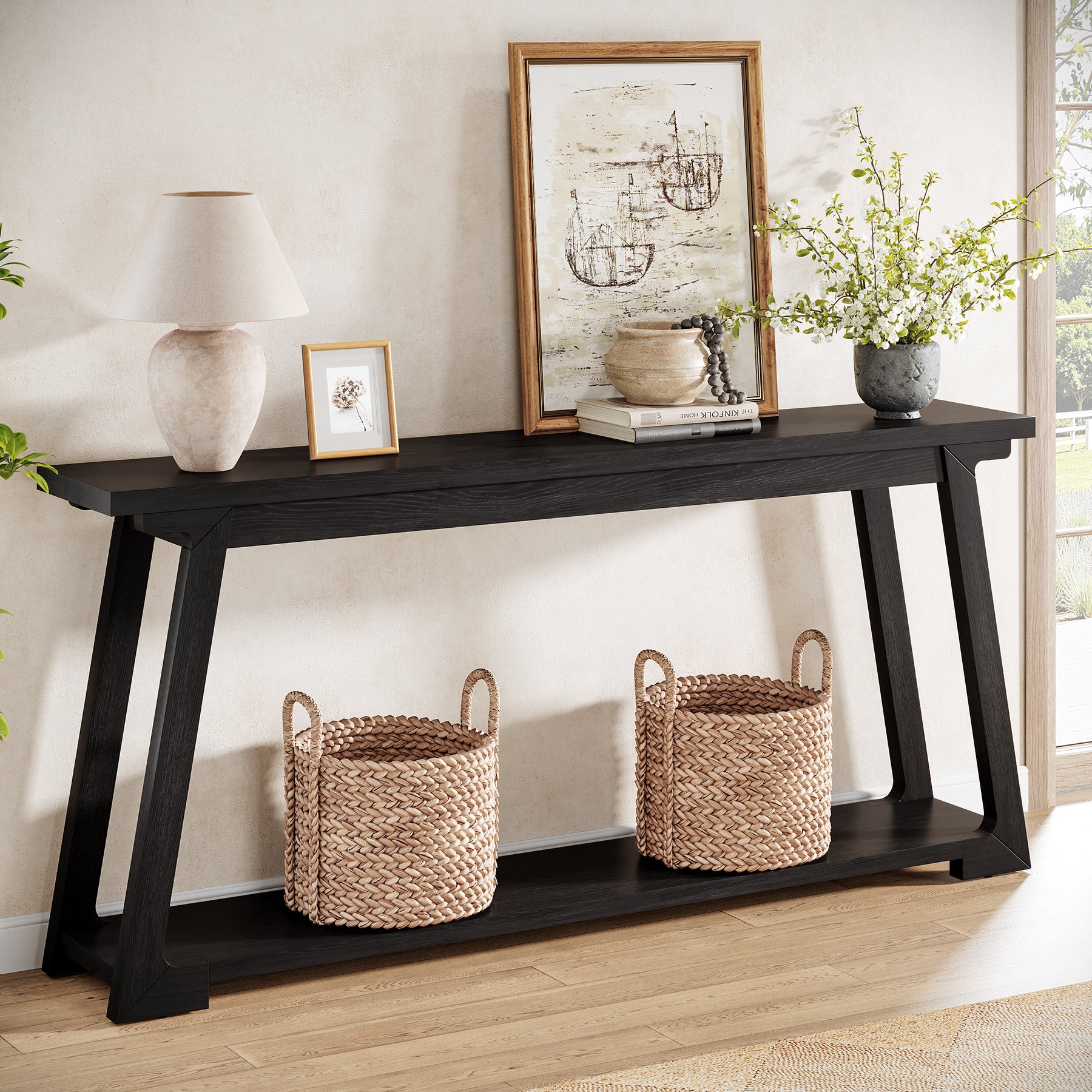 63" Console Table, Wood Sofa Table with 2-Tier Storage for Living Room