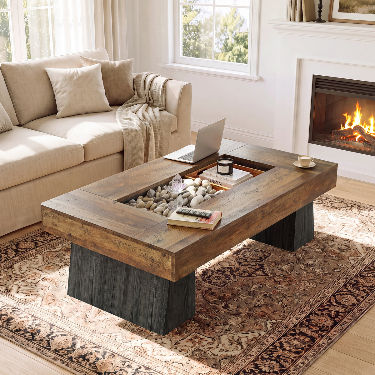 47.24 Inch Coffee Table with Recessed Storage Center, Rustic Modern Living Room Center Table