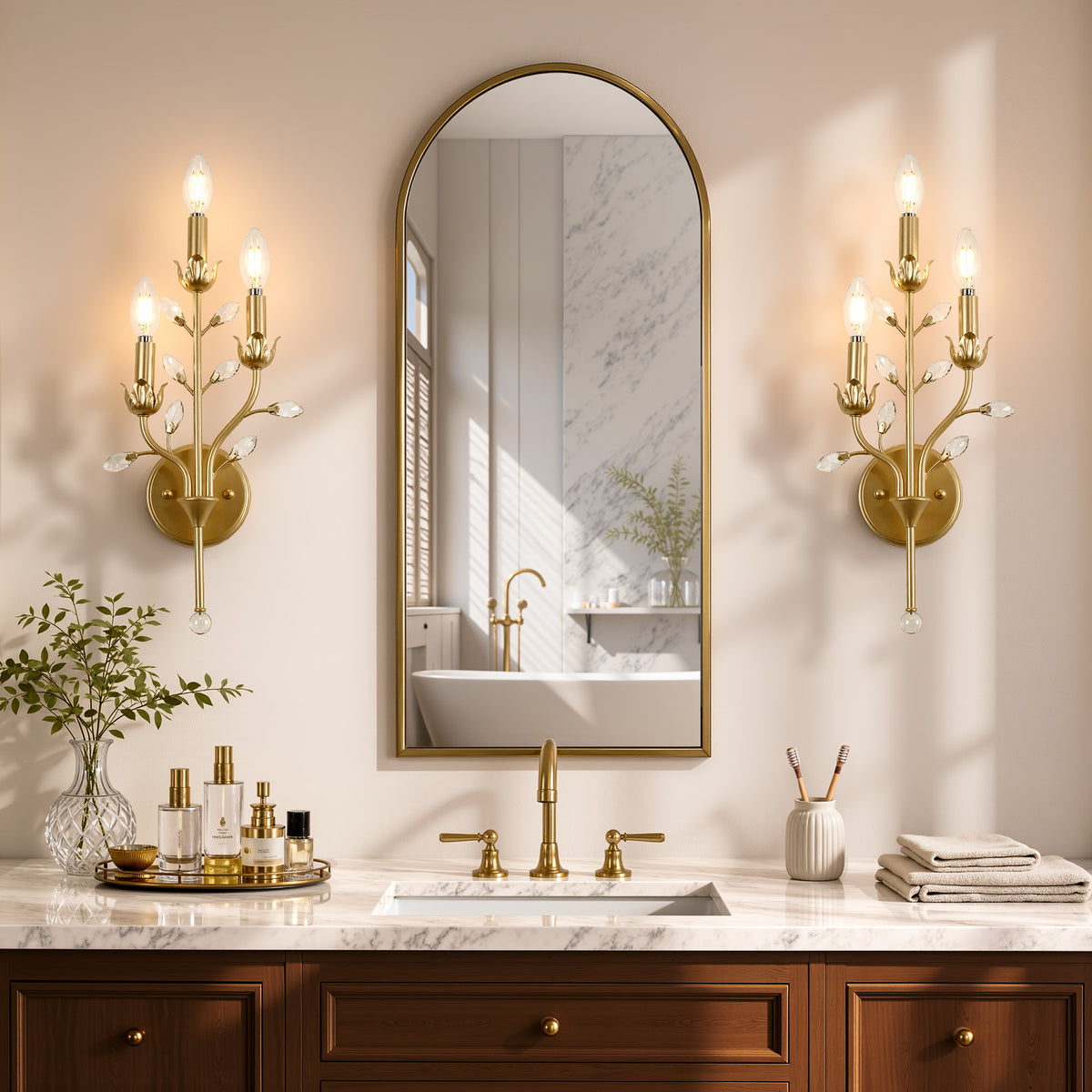 3-Light Gold Crystal Wall Sconce, Floral Vine Candle Wall Light