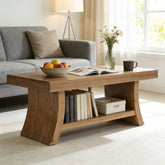 Solid Wood Coffee Table with Storage Shelf, 47.2" Center Table with Curved Base 3