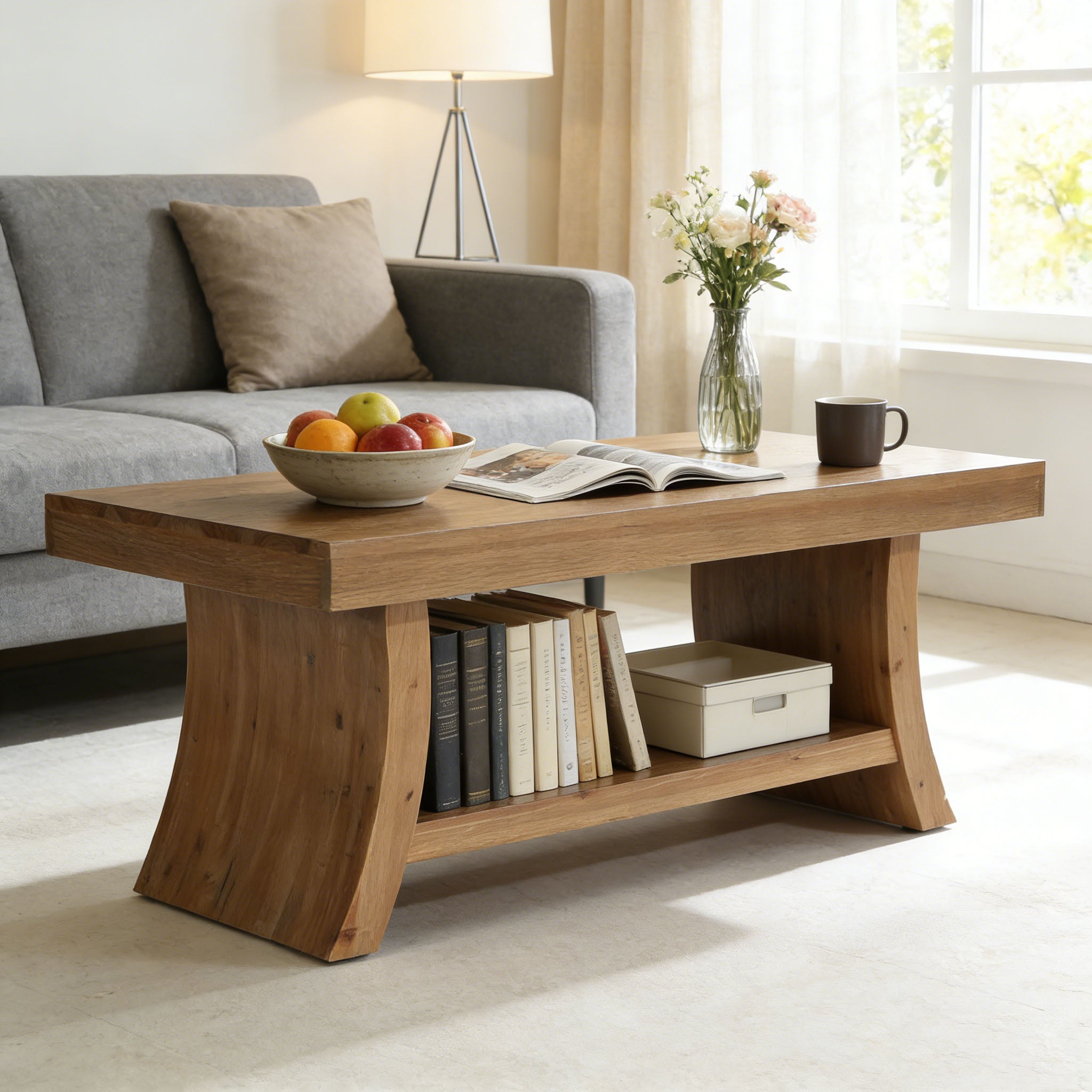 Solid Wood Coffee Table with Storage Shelf, 47.2" Center Table with Curved Base