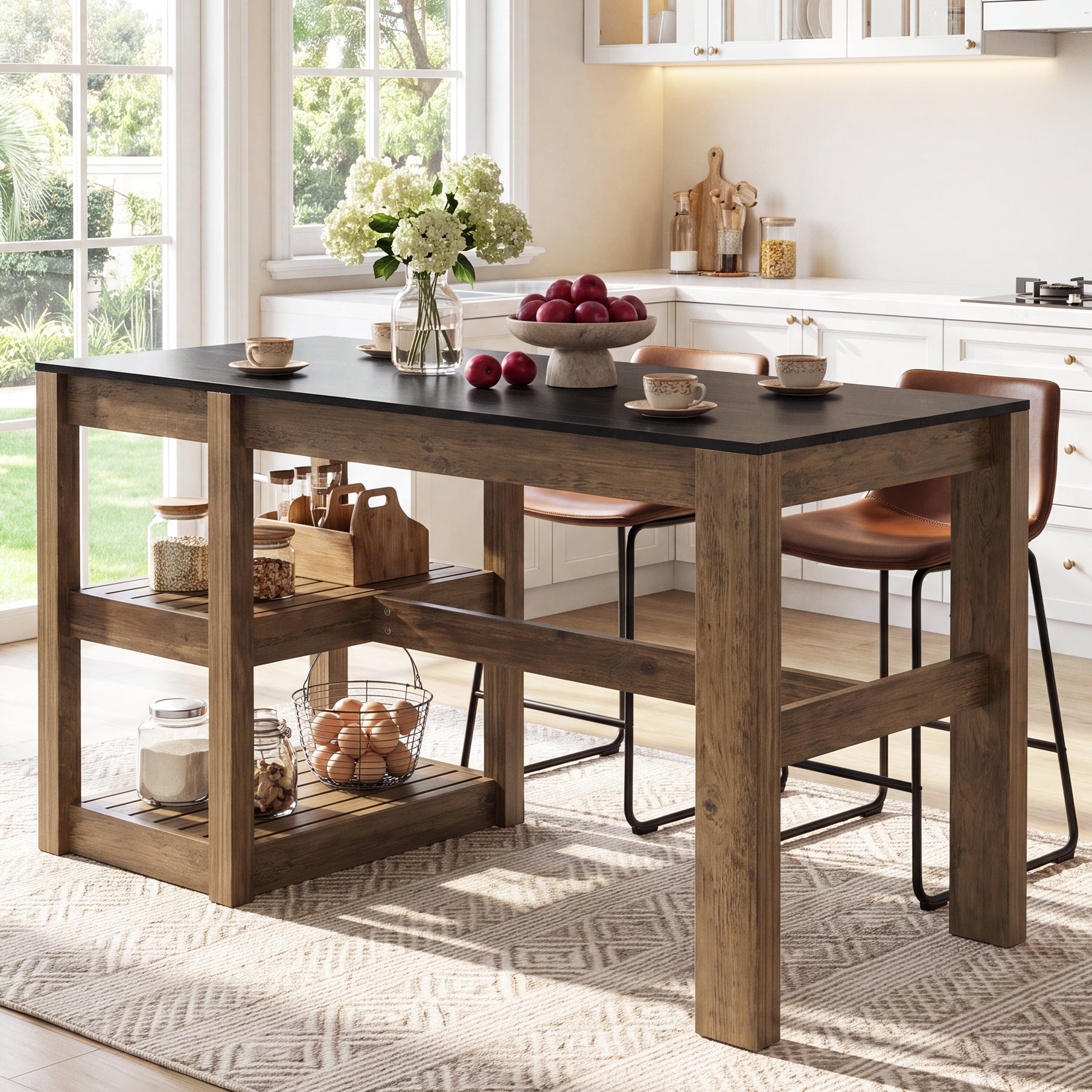 55" Kitchen Island Table, 2-Tier Storage Shelves for Dining Room
