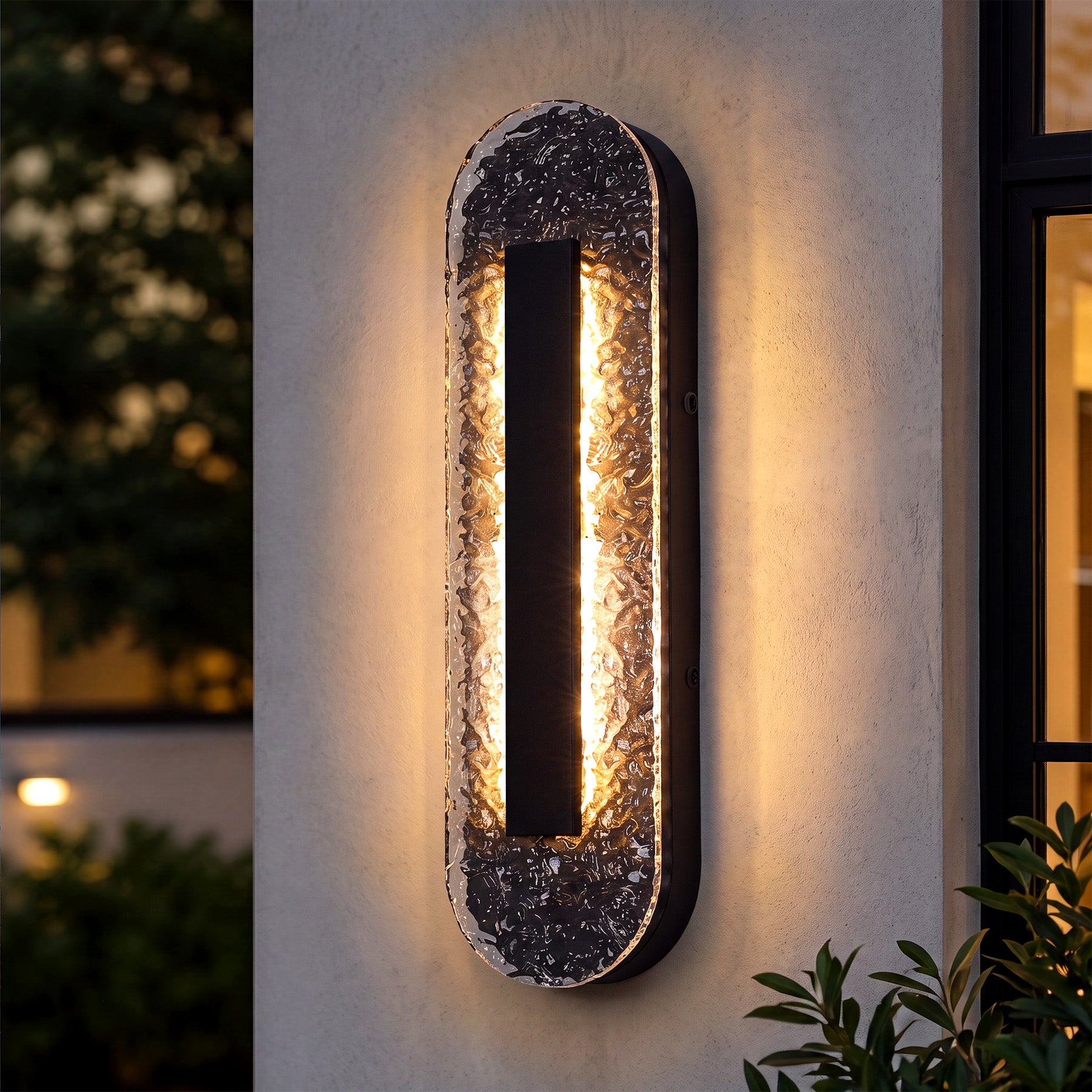 Oval Outdoor LED Wall Sconce, Modern Exterior Wall Light with Clear Water Ripple Acrylic