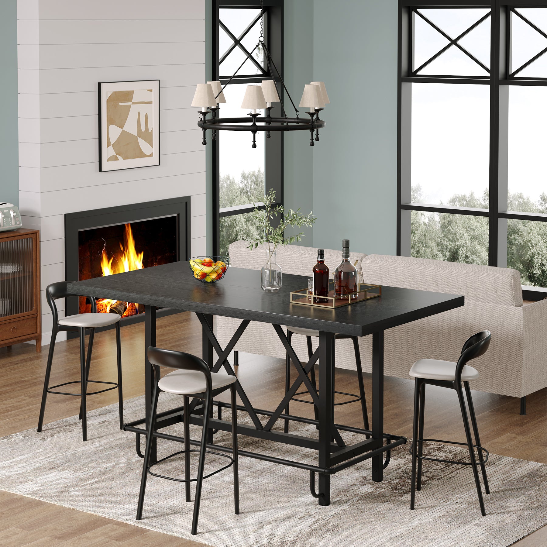 63" Rectangular Dining Table for 6, Counter-Height Kitchen Table with Metal Legs