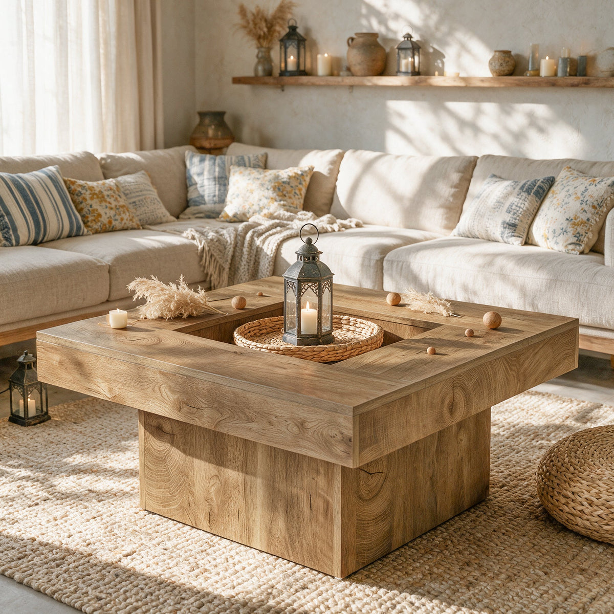 39" Square Farmhouse Coffee Table, Hollow Center Design, Wooden Pedestal Base