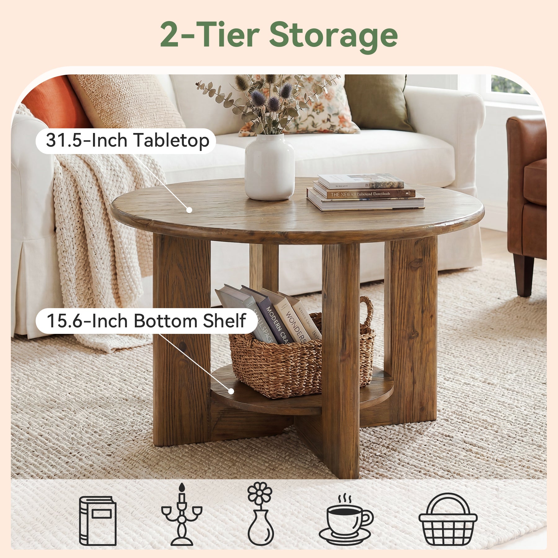 Solid Wood Round Coffee Table, 2-Tier Accent Center Table with Storage