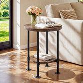 Round End Table, 2-Tier Side Table with Solid Wood Top & Metal Pipe Legs for Living Room 3