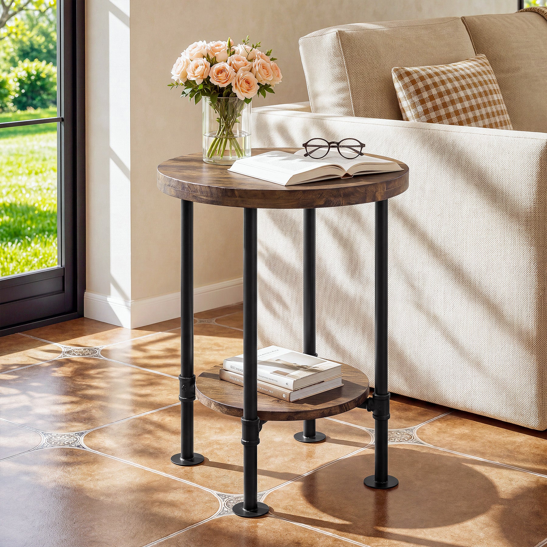 Round End Table, 2-Tier Side Table with Solid Wood Top & Metal Pipe Legs for Living Room