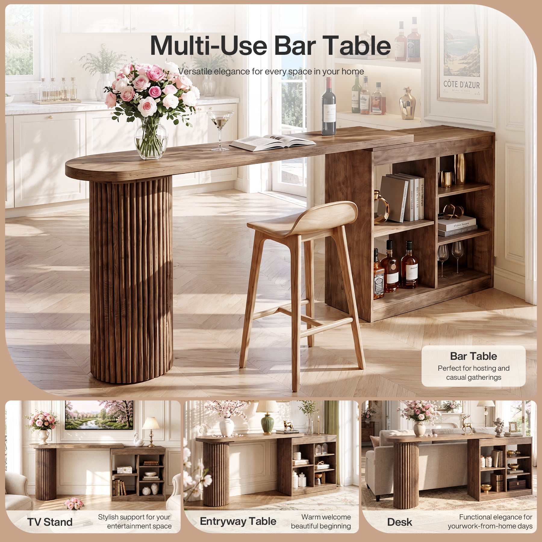 L-Shaped Bar Table with Rotatable Open Storage Shelves, 63" Counter-Height Pub Table for Kitchen