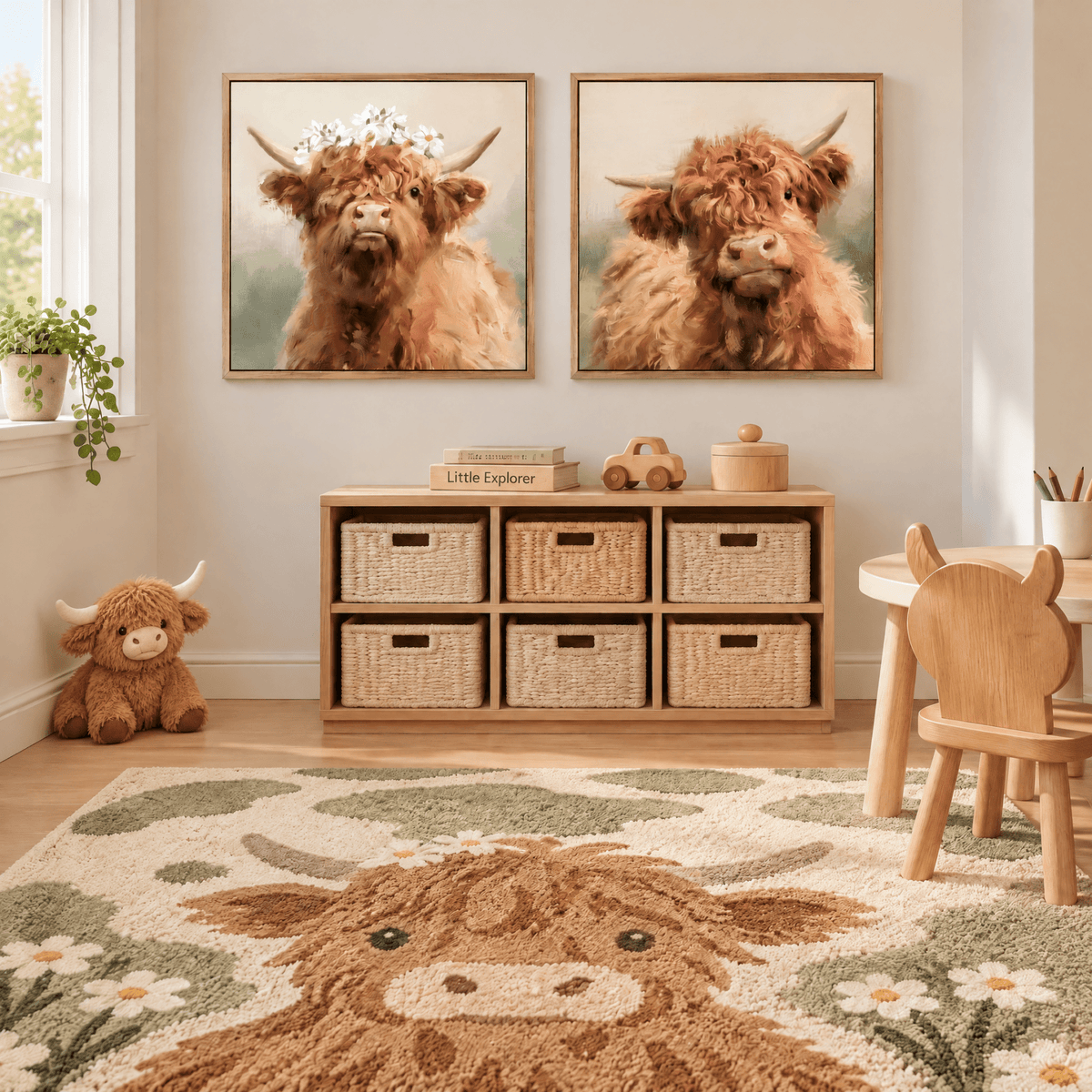 2-Piece 24x24" Highland Cow Wall Art, Farmhouse Framed Canvas Prints