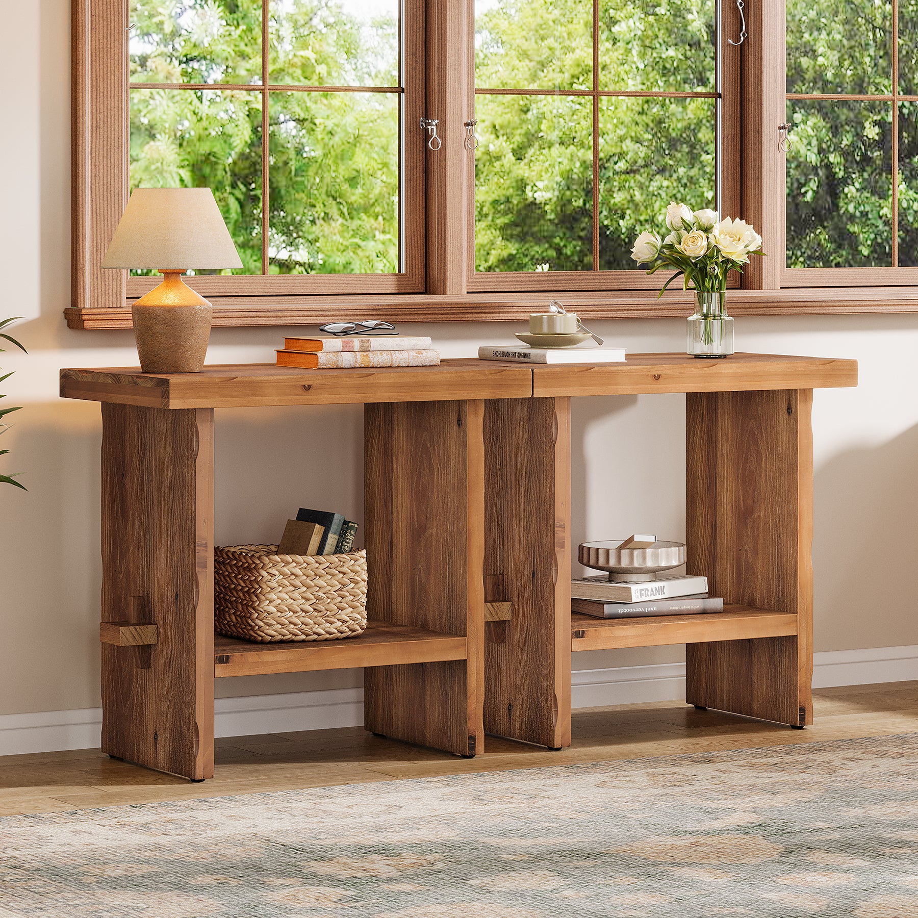 23.62-Inch Solid Wood Nightstand with Storage, Farmhouse Bedside Table with Wooden Base for Bedroom