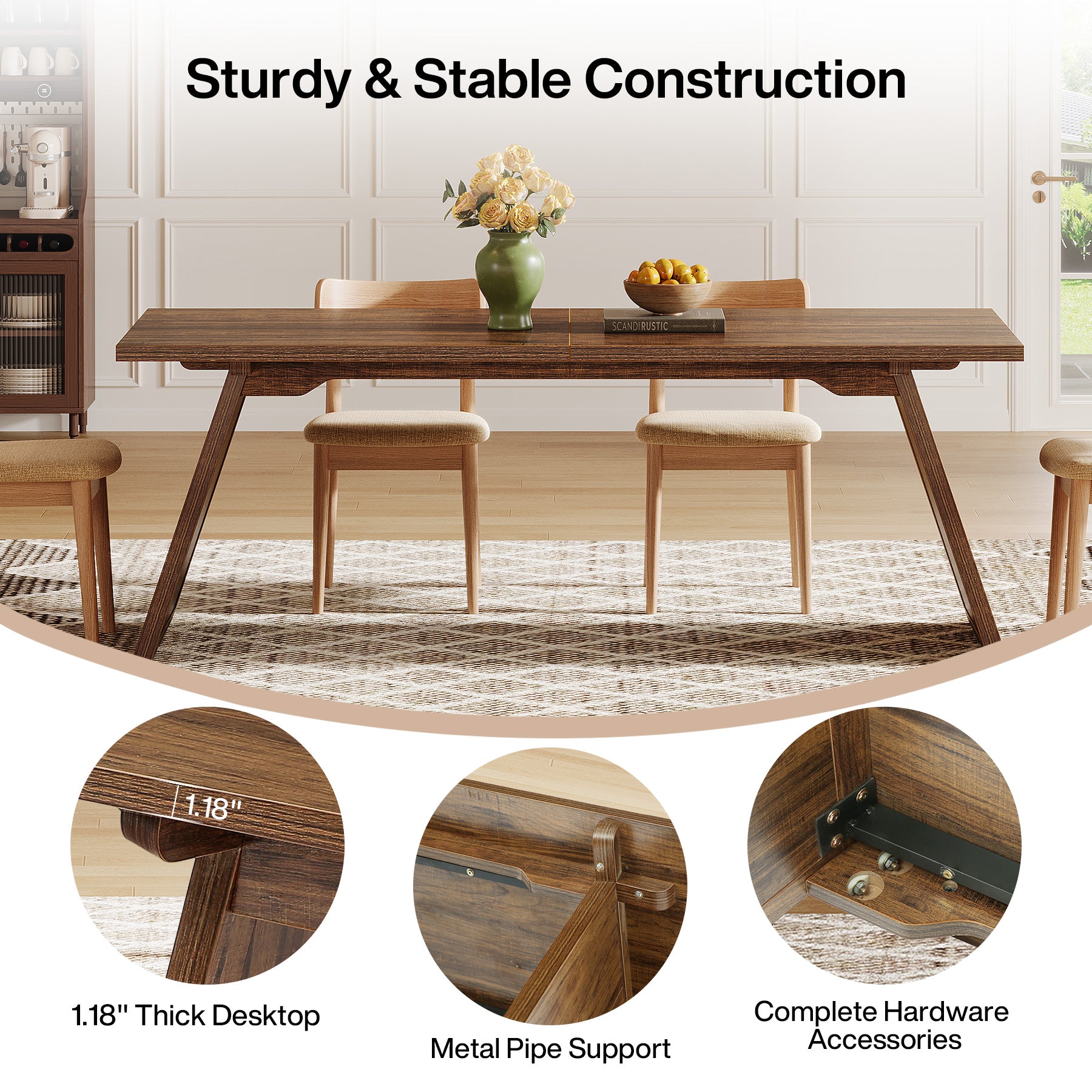 Rectangular Dining Table for 6-8 People, 70.87" Farmhouse Kitchen Table